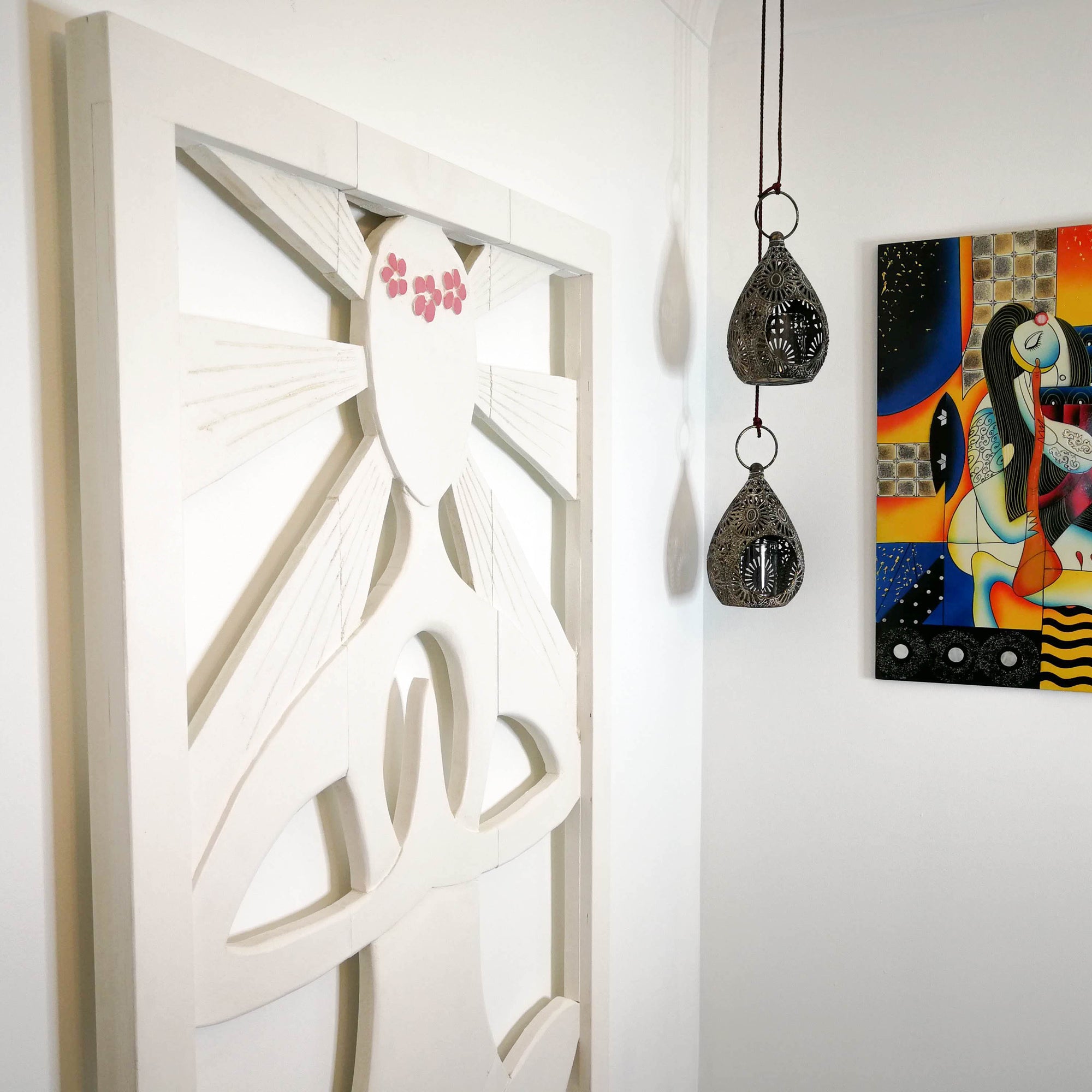 Art mural en bois sculpté - Grande sculpture décorative de tête de lit Namaste Yoga Meditation Panel