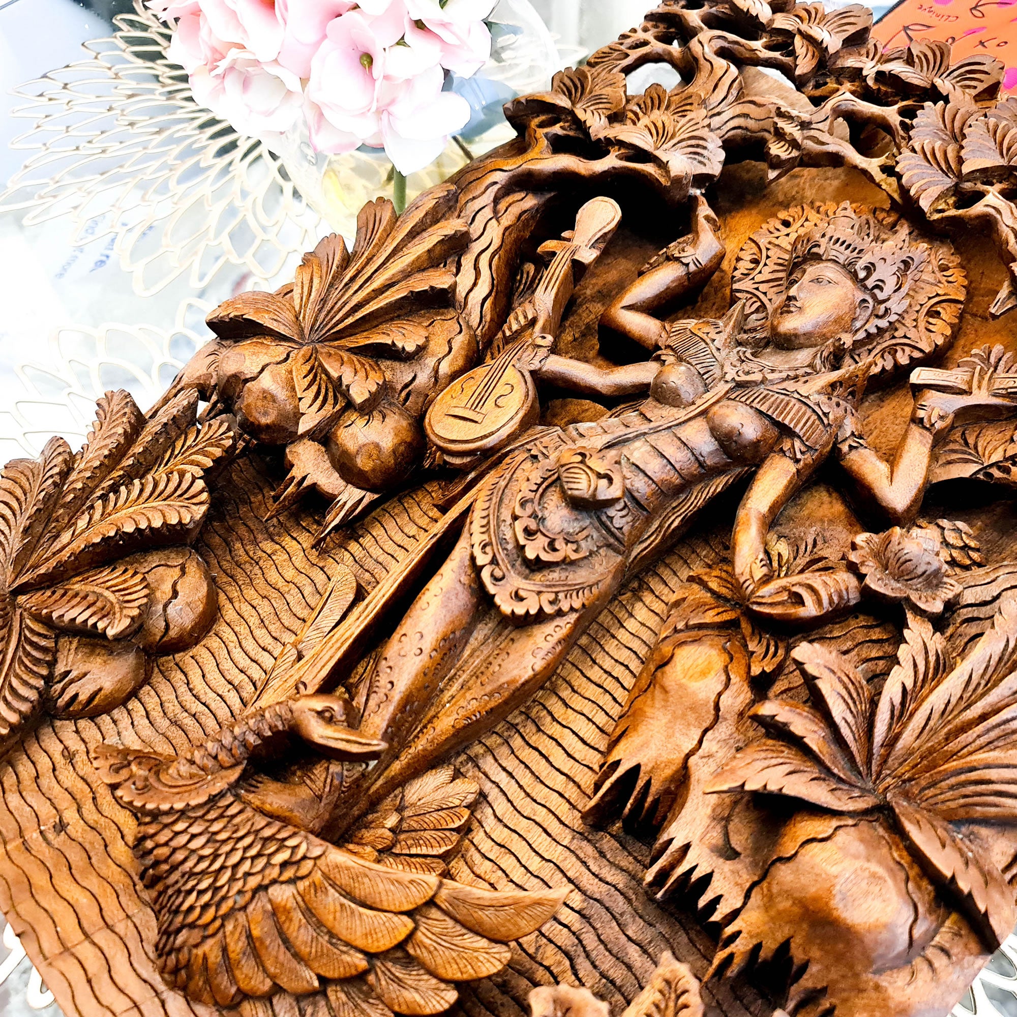 Goddess Saraswati Carved Wooden Decorative Hindu Mandir Sculpture Art - Easternada