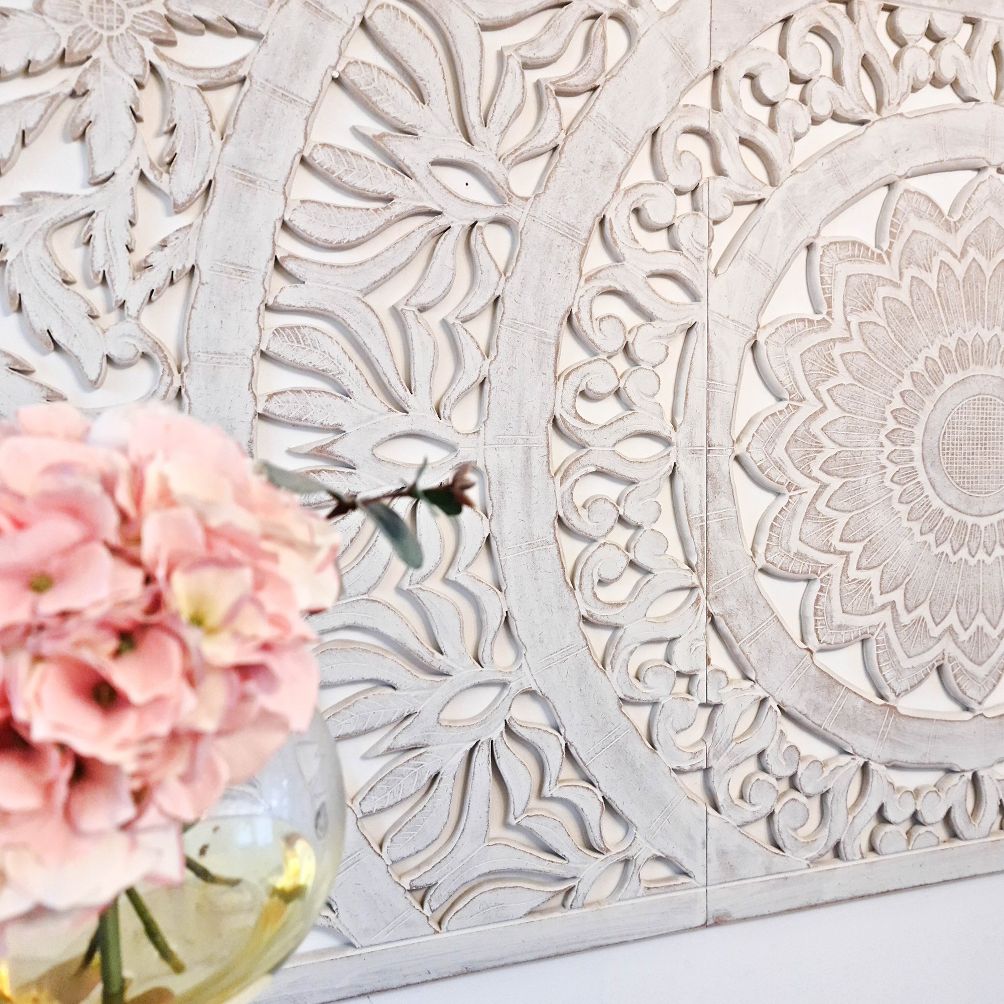 Hand Carved Wooden Wall Art - Headboard Decorative Large King Mandala Distressed White Bohemian Boho Style Sgabby Chic