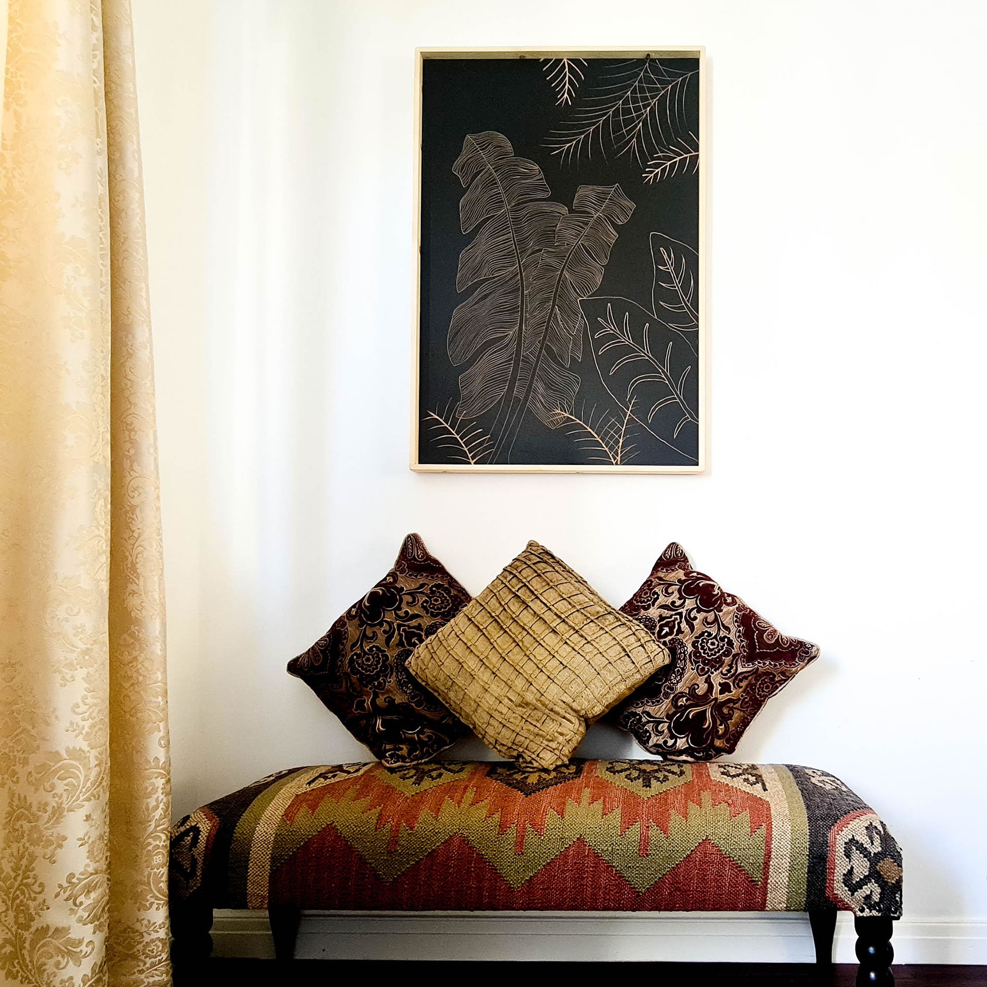 Art mural décoratif en bois sculpté à la main Feuilles sauvages Noir Grand