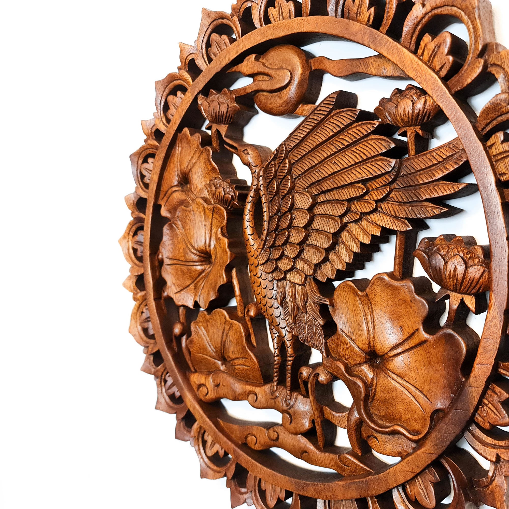 Dancing Crane Bird Carved Wooden Hand Carved Decorative Panel Sculpture Nature - Easternada