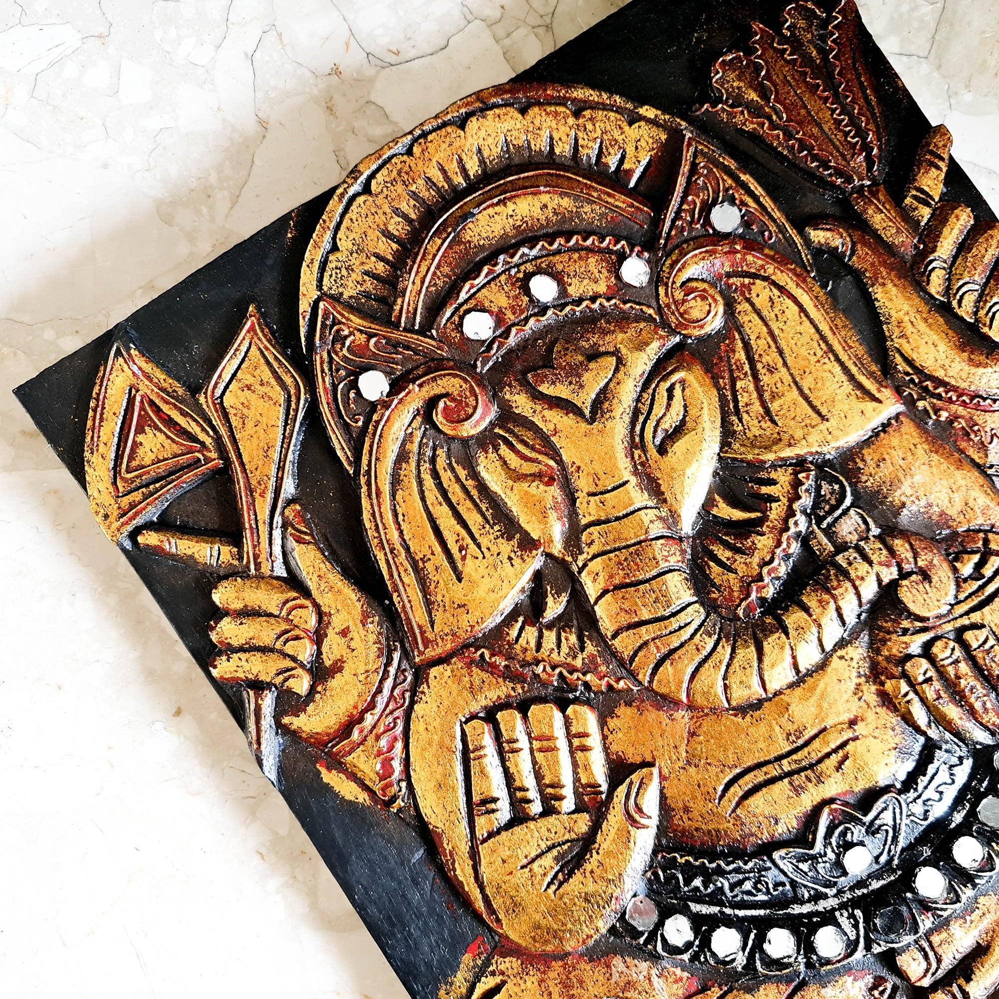 Hand Carved Painted Golden Ganesh Hindu God Mandir Wood Art Sculpture