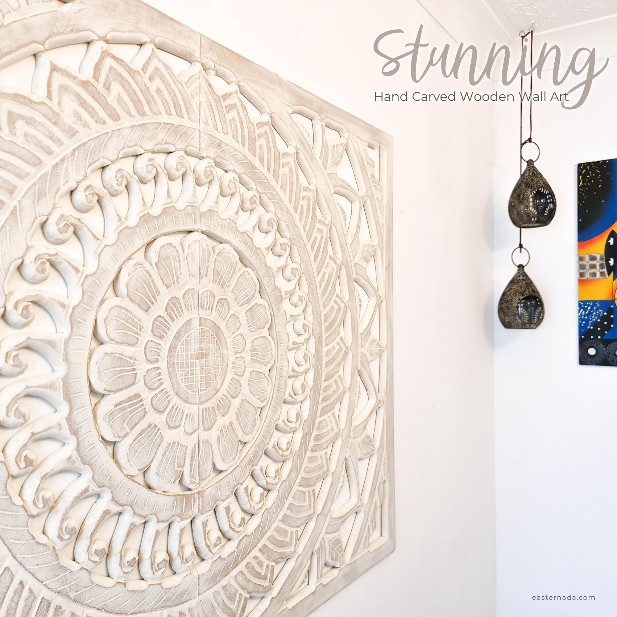 Hand Carved Wooden Wall Art - Large Headboard Decorative Mandala Panel Easternada