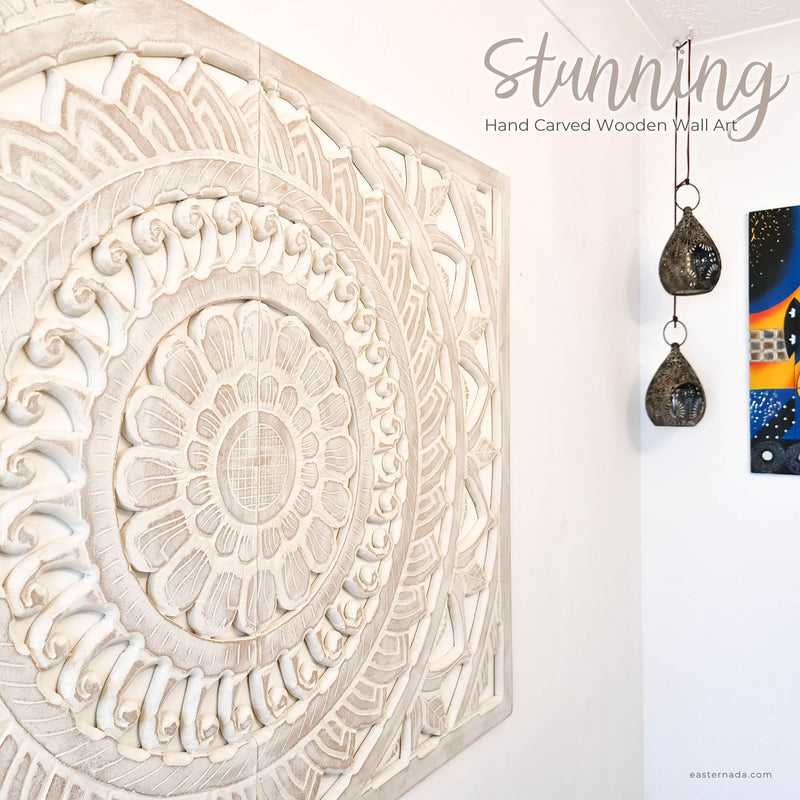 Hand Carved Wooden Wall Art - Large Headboard Decorative Mandala Panel Easternada