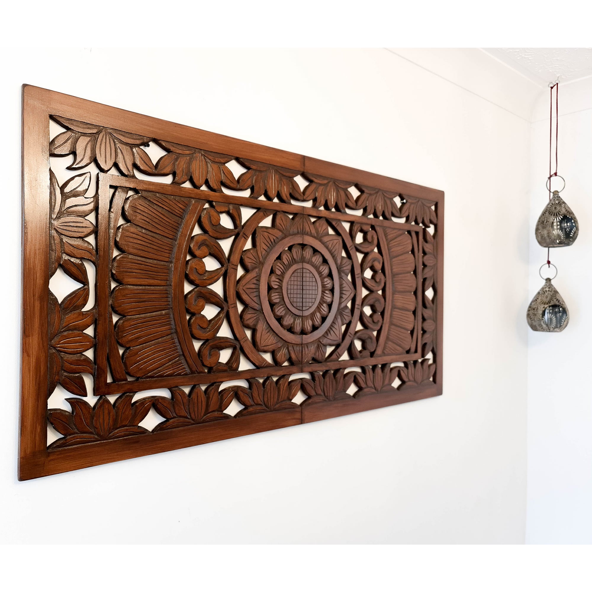 Hand Carved Wooden Wall Art - Decorative Mandala Headboard Panel Easternada