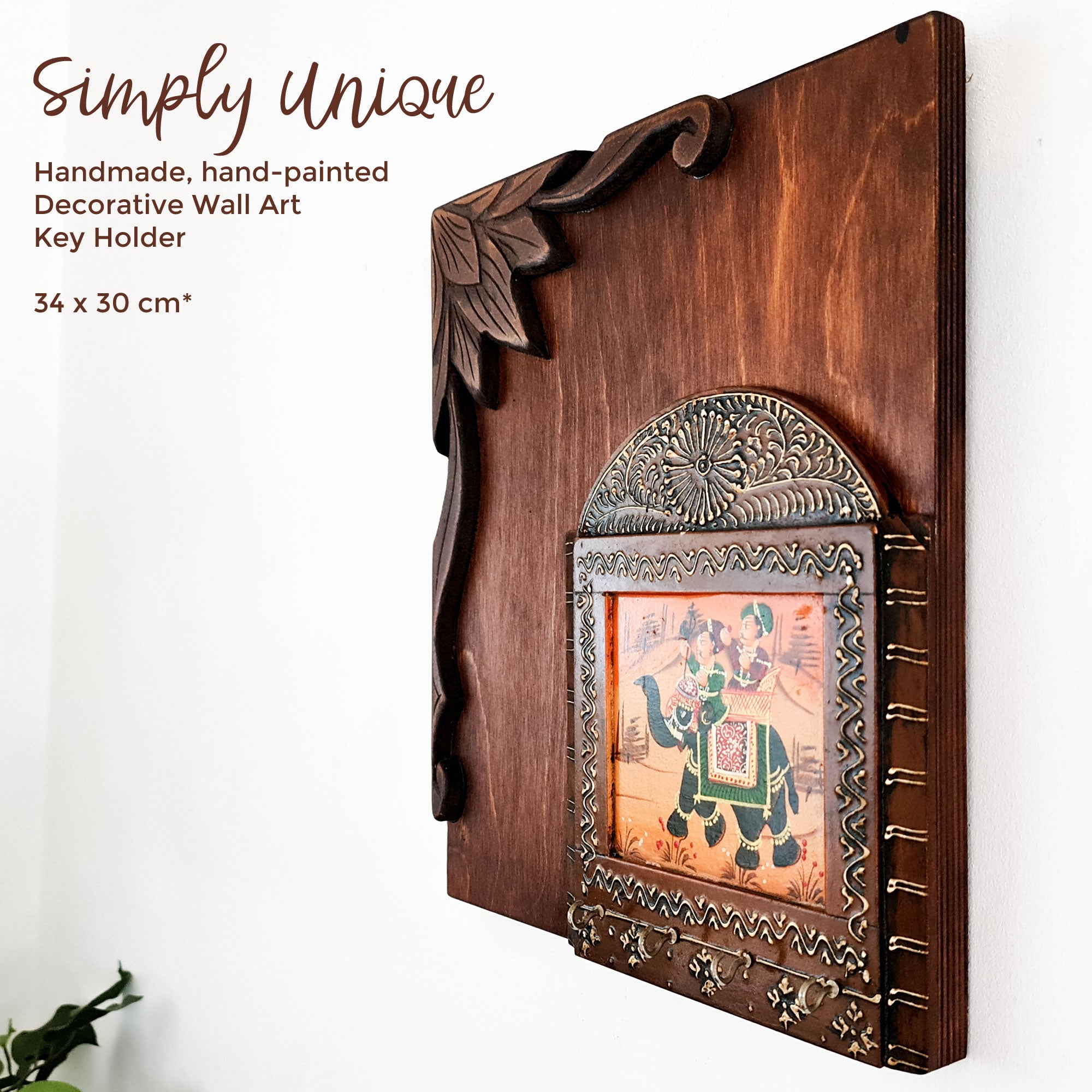 Handmade Hand-painted Carved Wood Wall Art Decorative Hanging Key Holder Hooks Storage