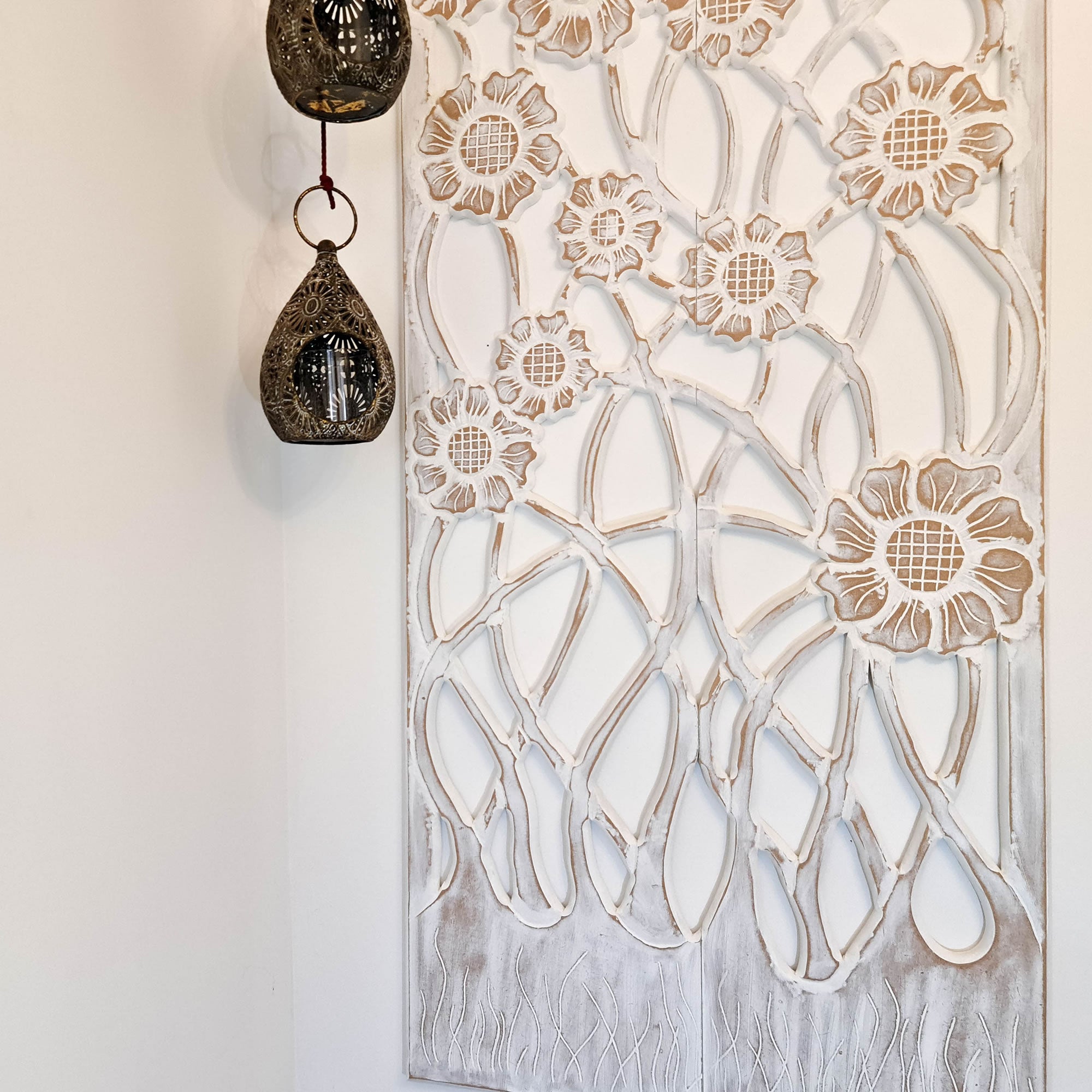 Hand Carved Wooden Wall Art - Large Headboard Decorative Flowers Panel Distressed White Shabby Chic