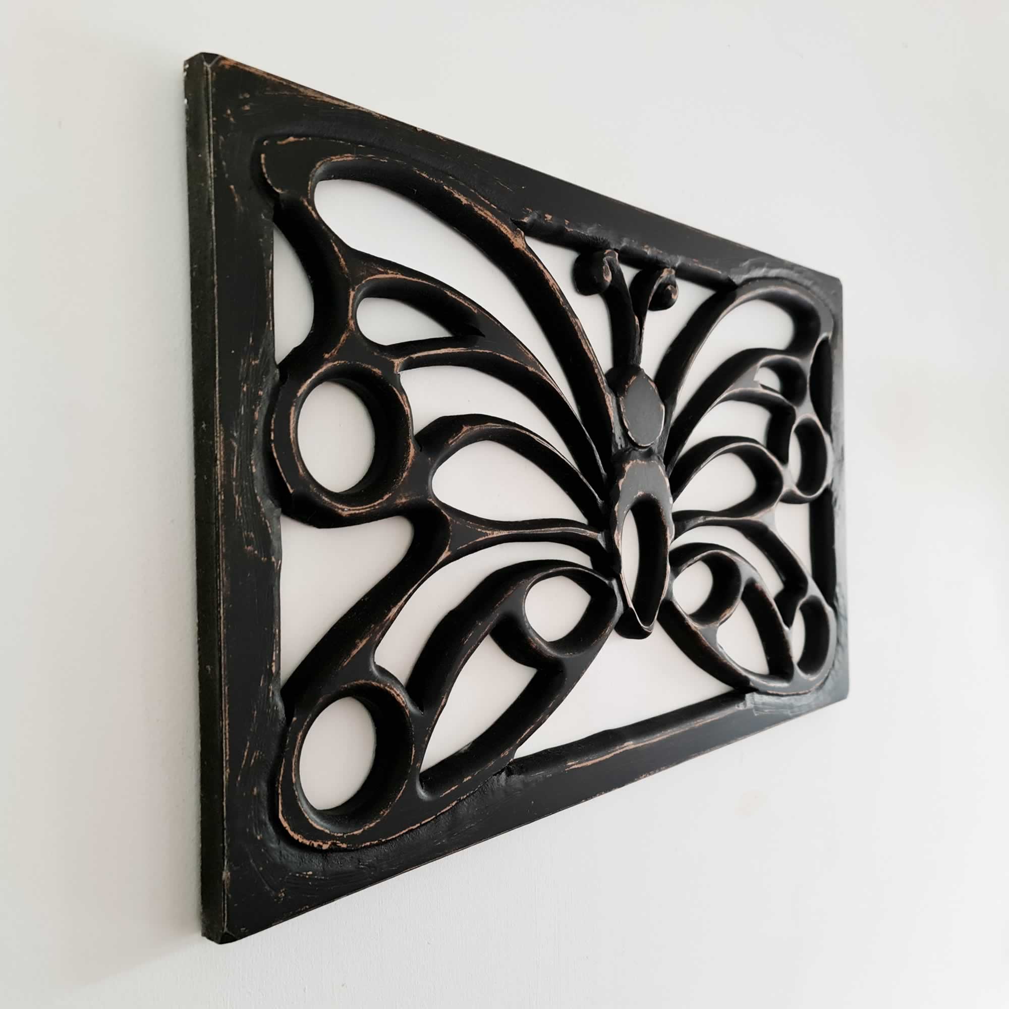 Antique Black Butterfly - Handmade Distressed Carved Wooden Wall Art Deco