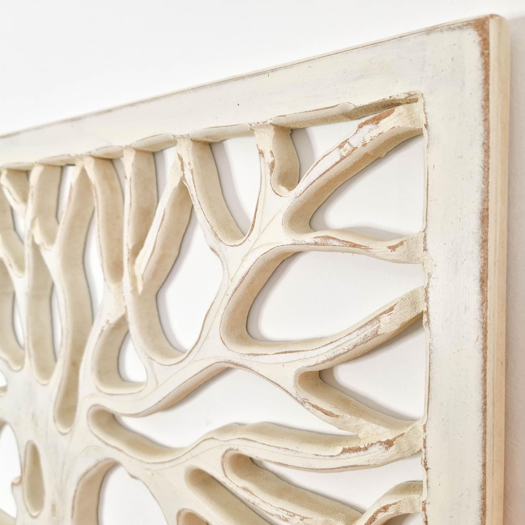 Hand Carved Shabby Chic Wooden Tree of Life Wall Art - Decorative Distressed White