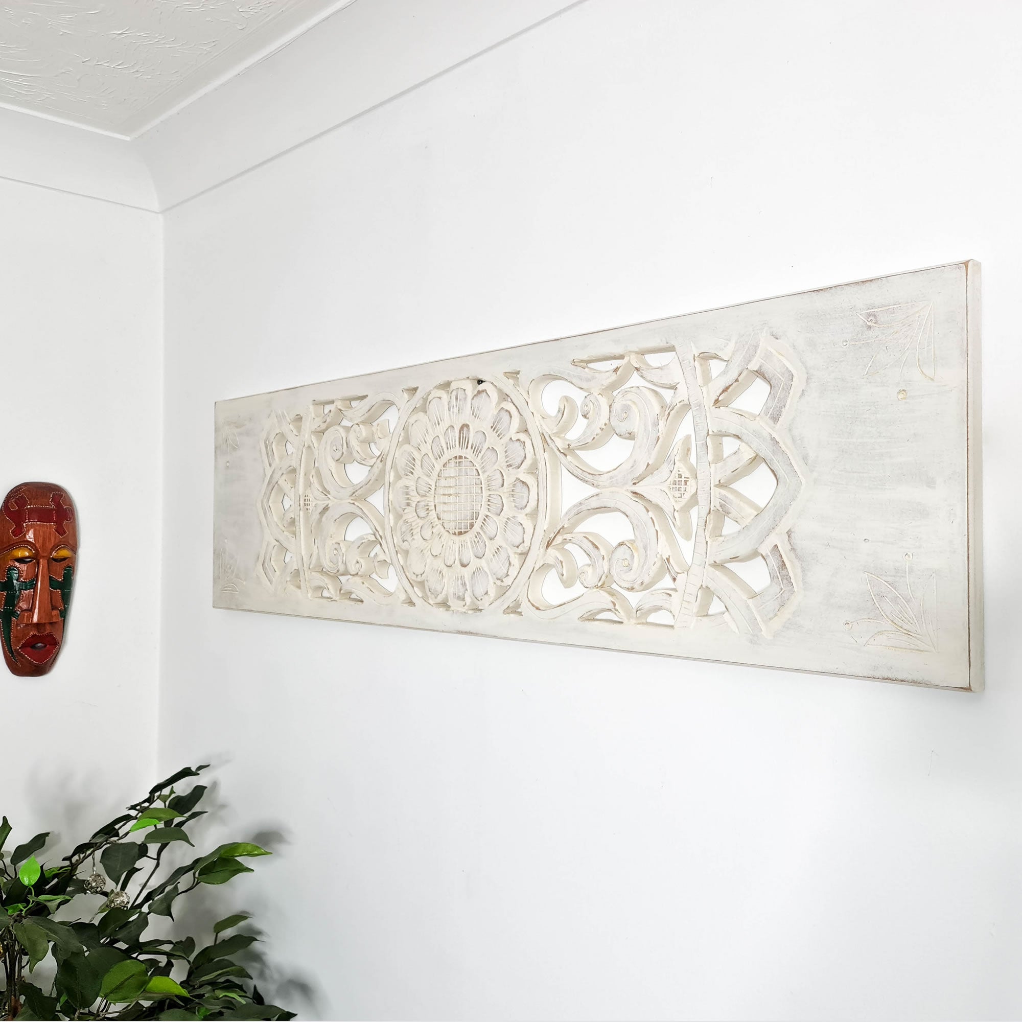 Hand Carved Wooden Wall Art - Distressed White Decorative Mandala Yoga Panel