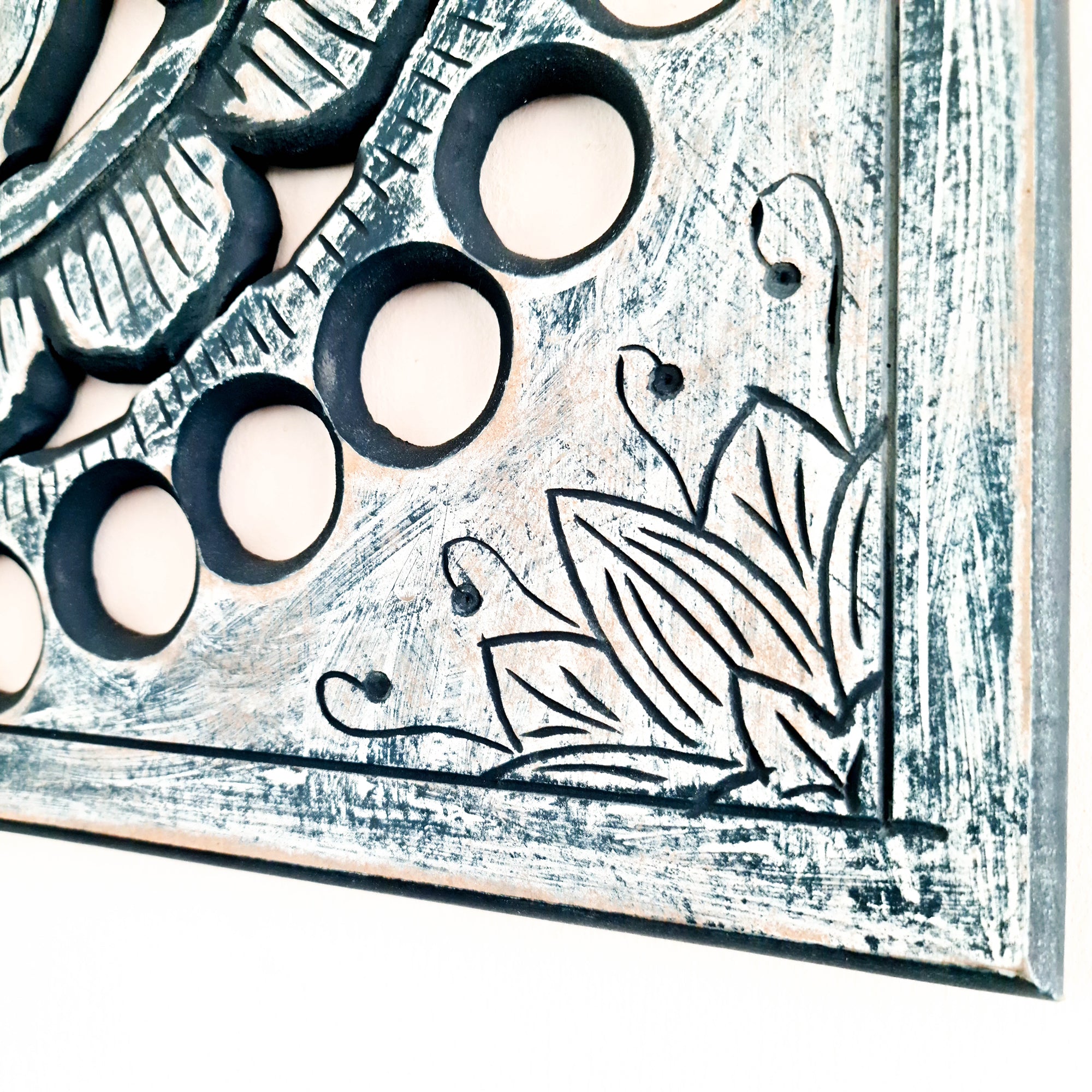 Handmade Carved Wooden Decorative Wall Art Hanging Buddha OM Mantra Distressed Rustic Indigo Blue