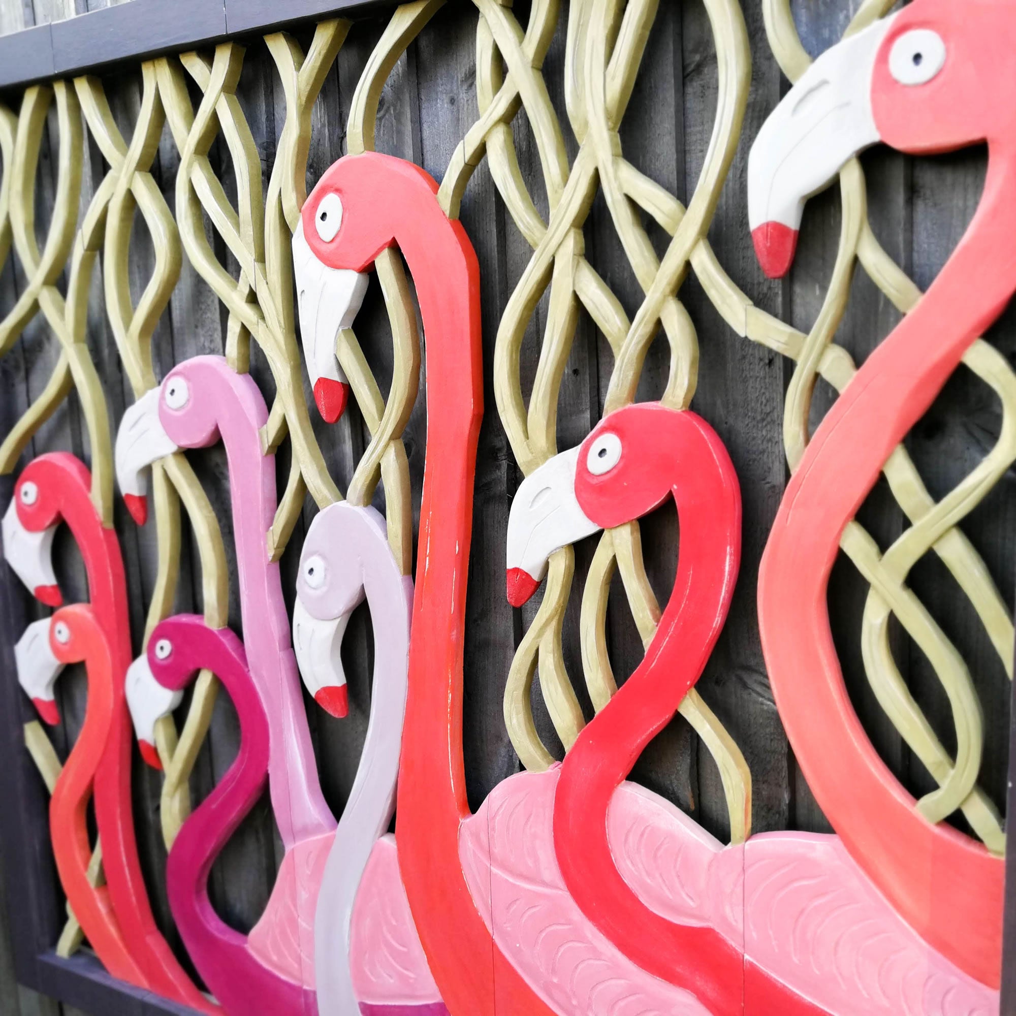 Carved Painted Wooden Wall Art - Large Headboard Decorative Flamingos