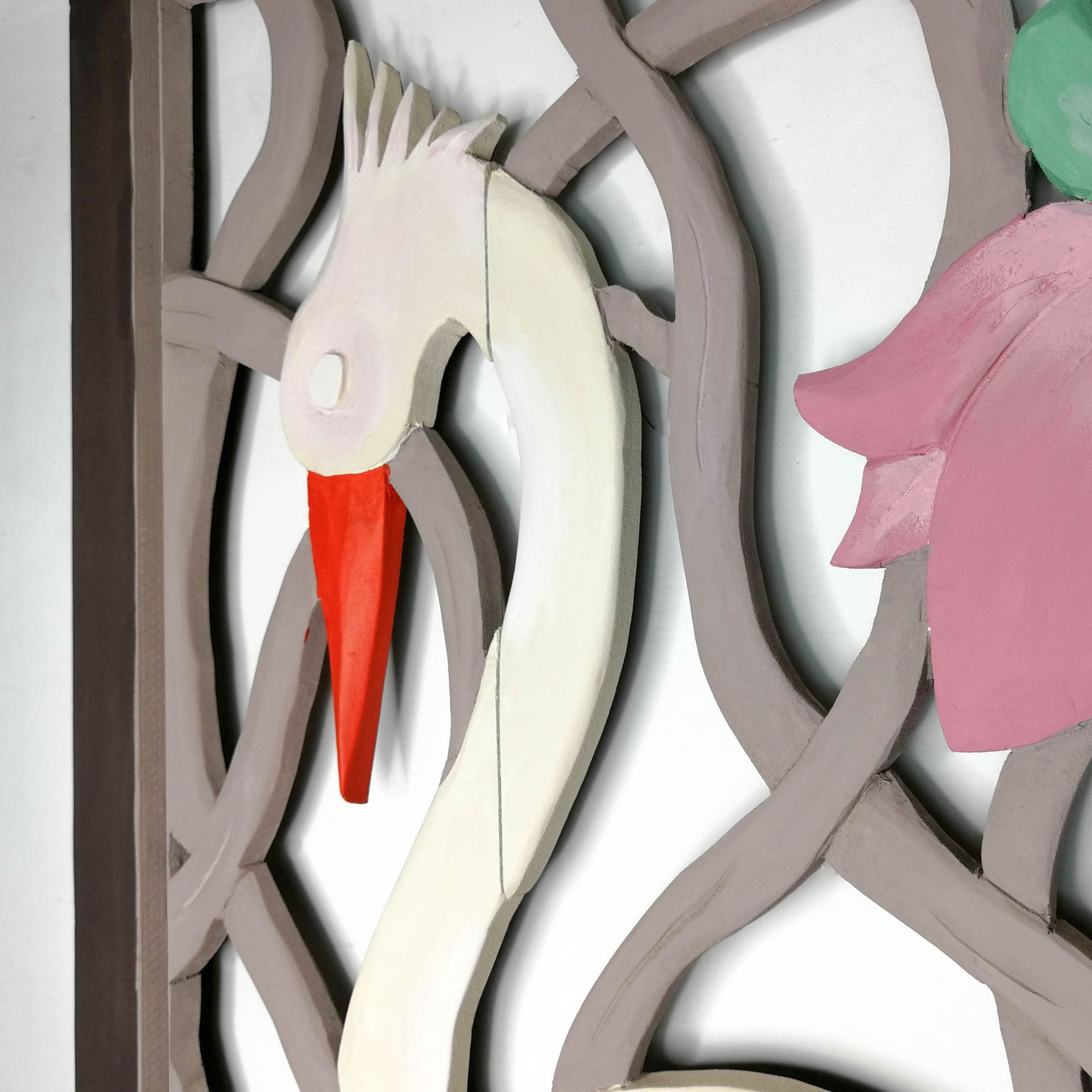 Carved Painted Wooden Wall Art - Large Headboard Decorative Bird Panel