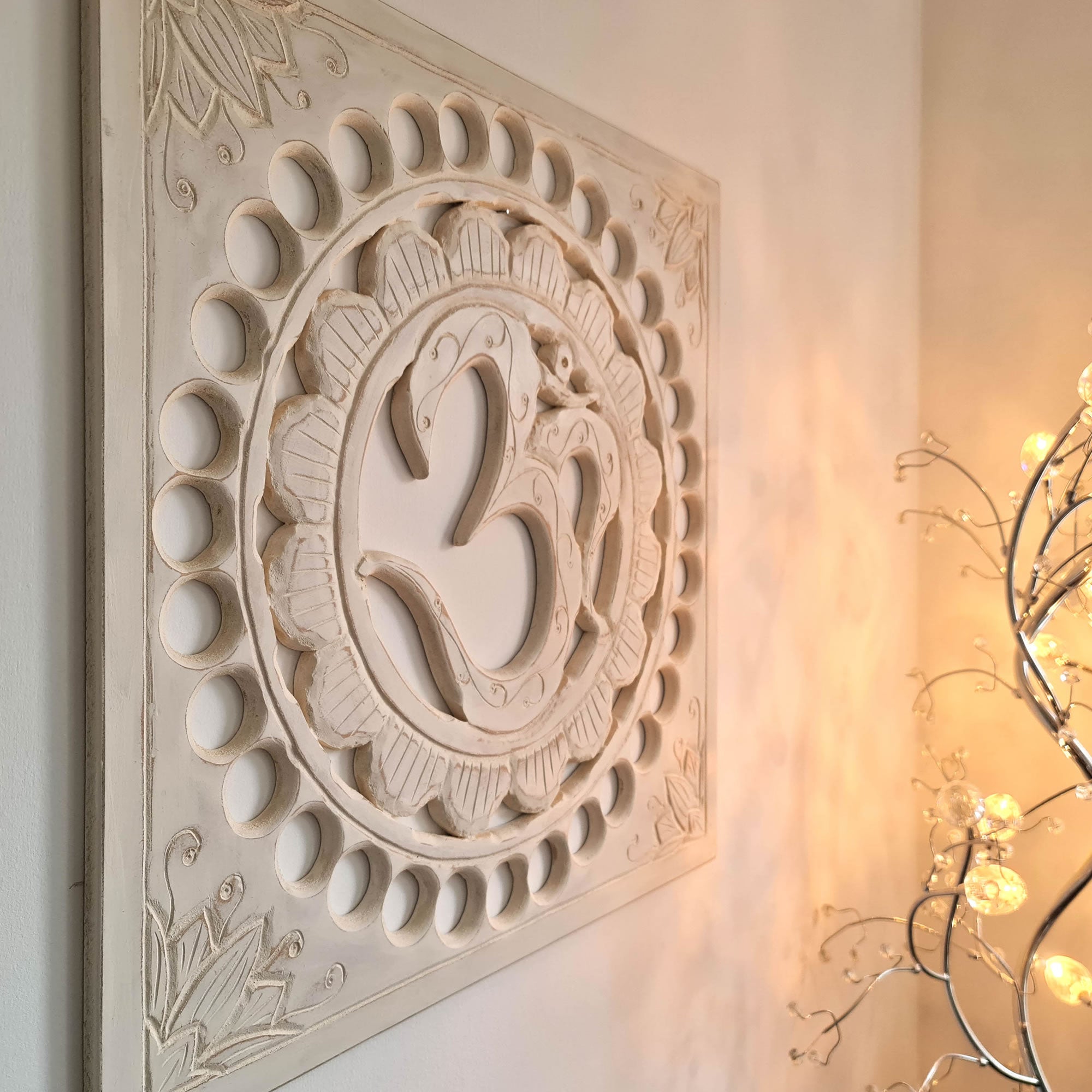 Handmade Carved Wooden Decorative Wall Art OM Mantra Distressed White