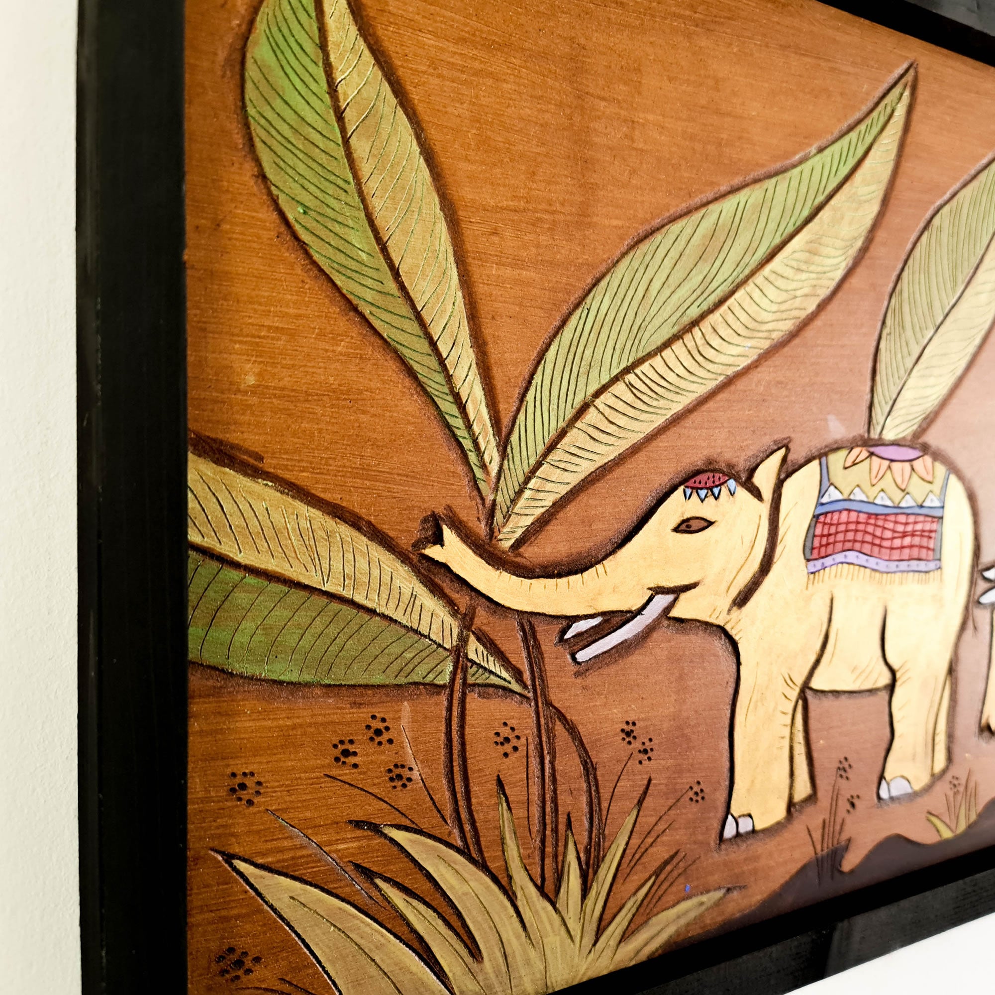 Golden Jungle African Elephants - Hand Carved Wooden Wall Art