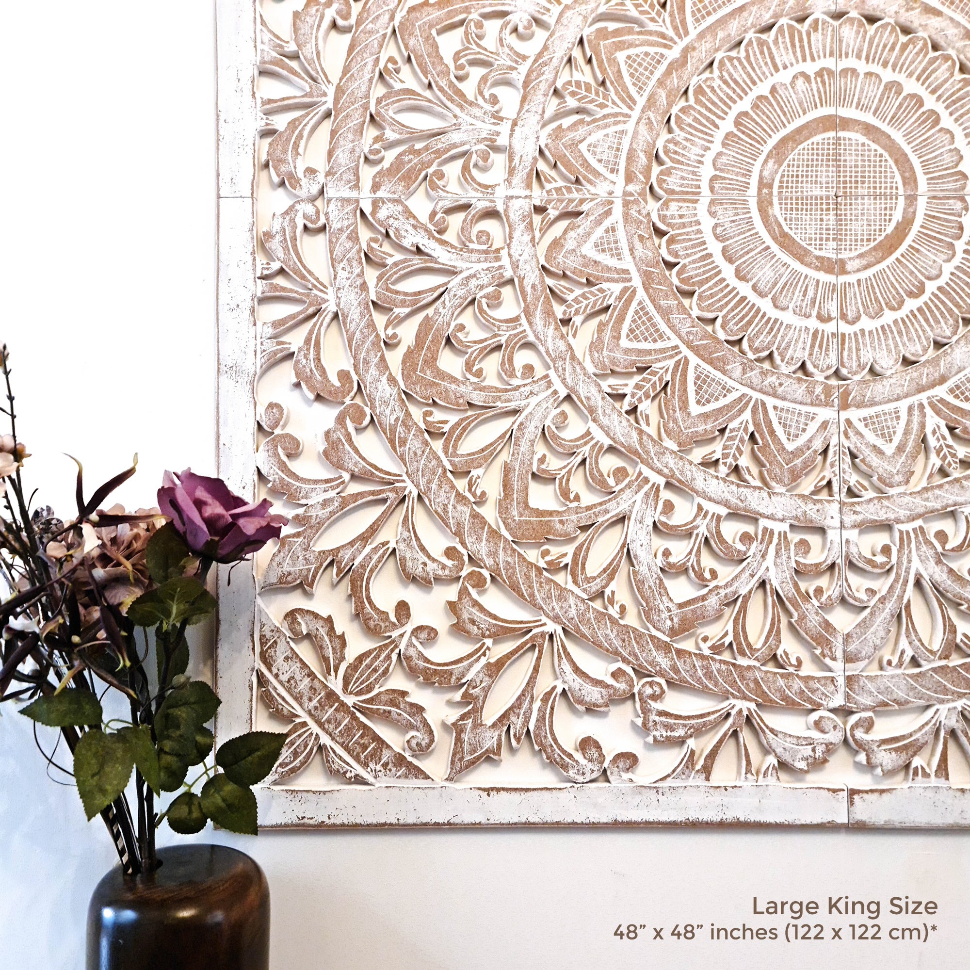 Hand Carved Wooden Wall Art - Headboard Decorative Large King Mandala Distressed White Bohemian Boho Style Shabby Chic. We can also custom carve to your specifications.