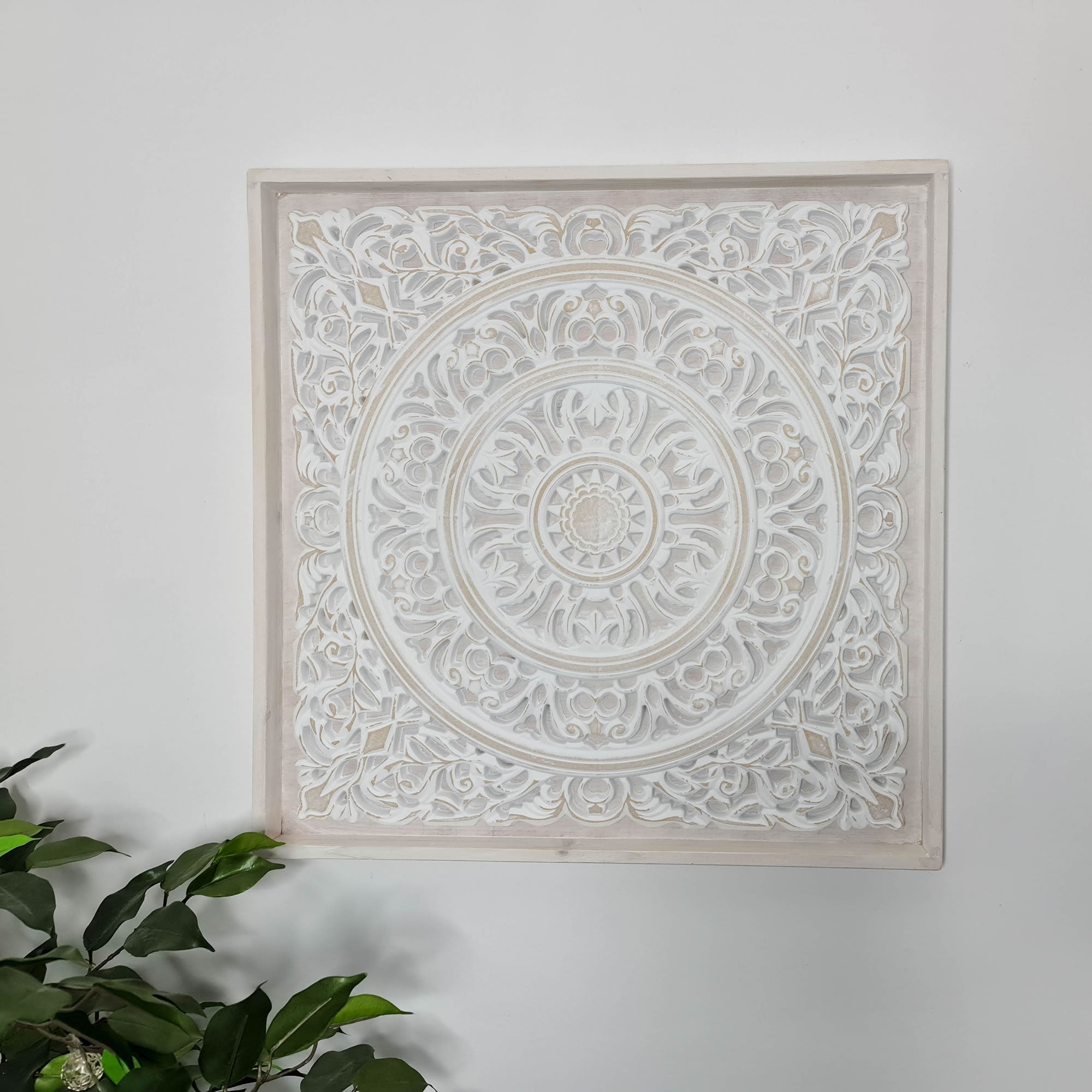 Carved Wooden Decorative Framed Mandala Panel Art Sculpture White Shabby Chic