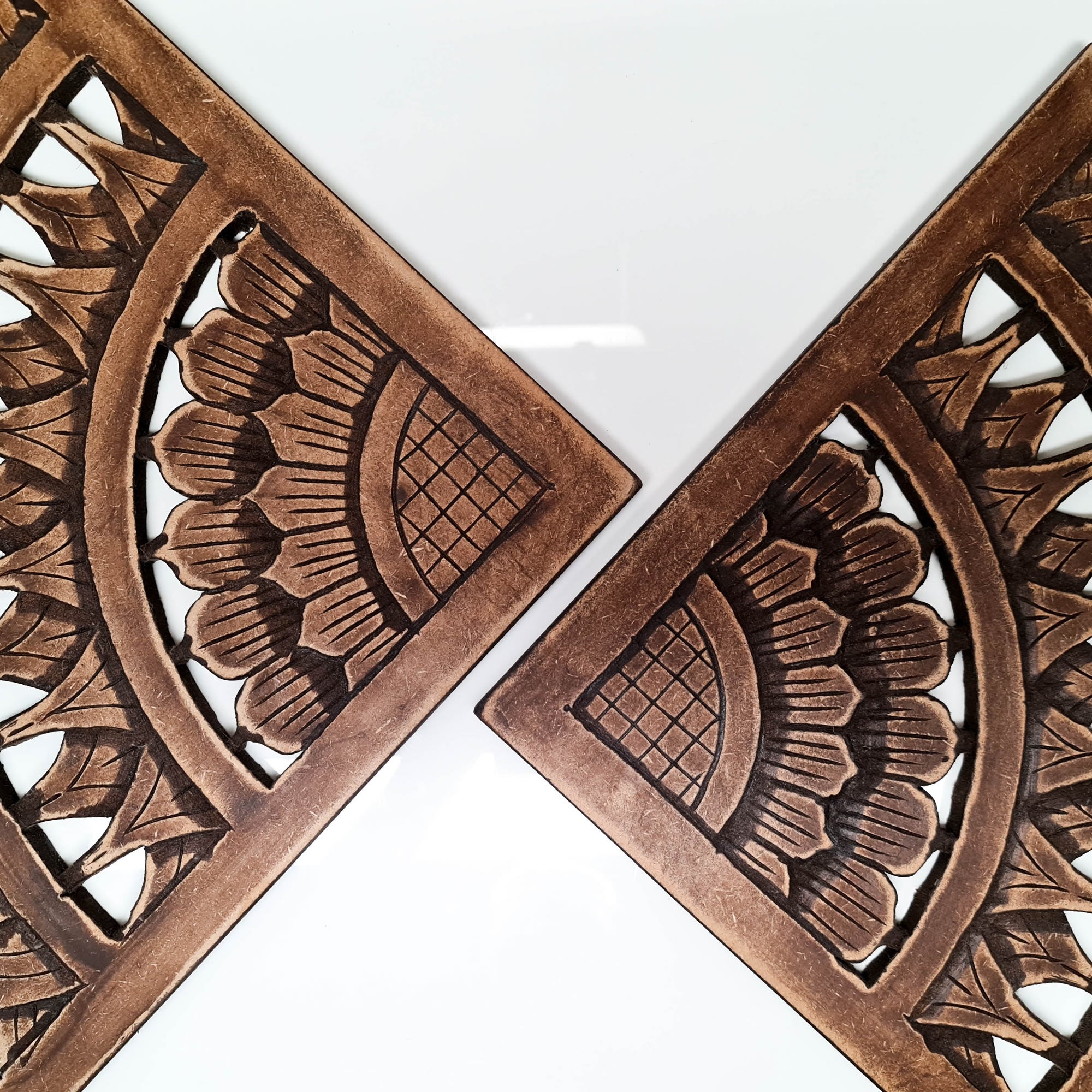 Carved Wooden Wall Art - Rustic Corners Curved Mandala Distressed Antique Brown