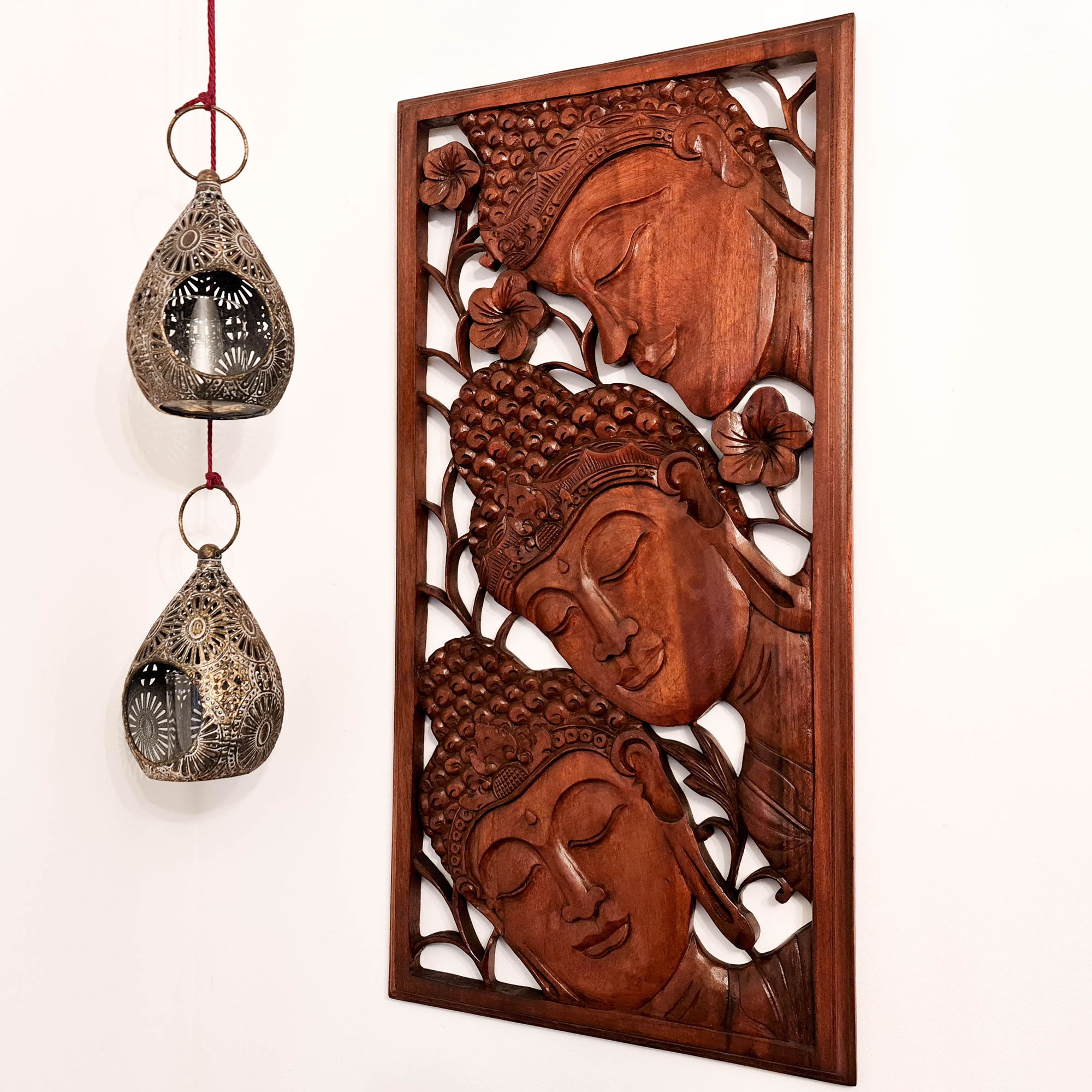 Three Buddha Peace Meditation Yoga Teak Wood Wall Art Long - Easternada