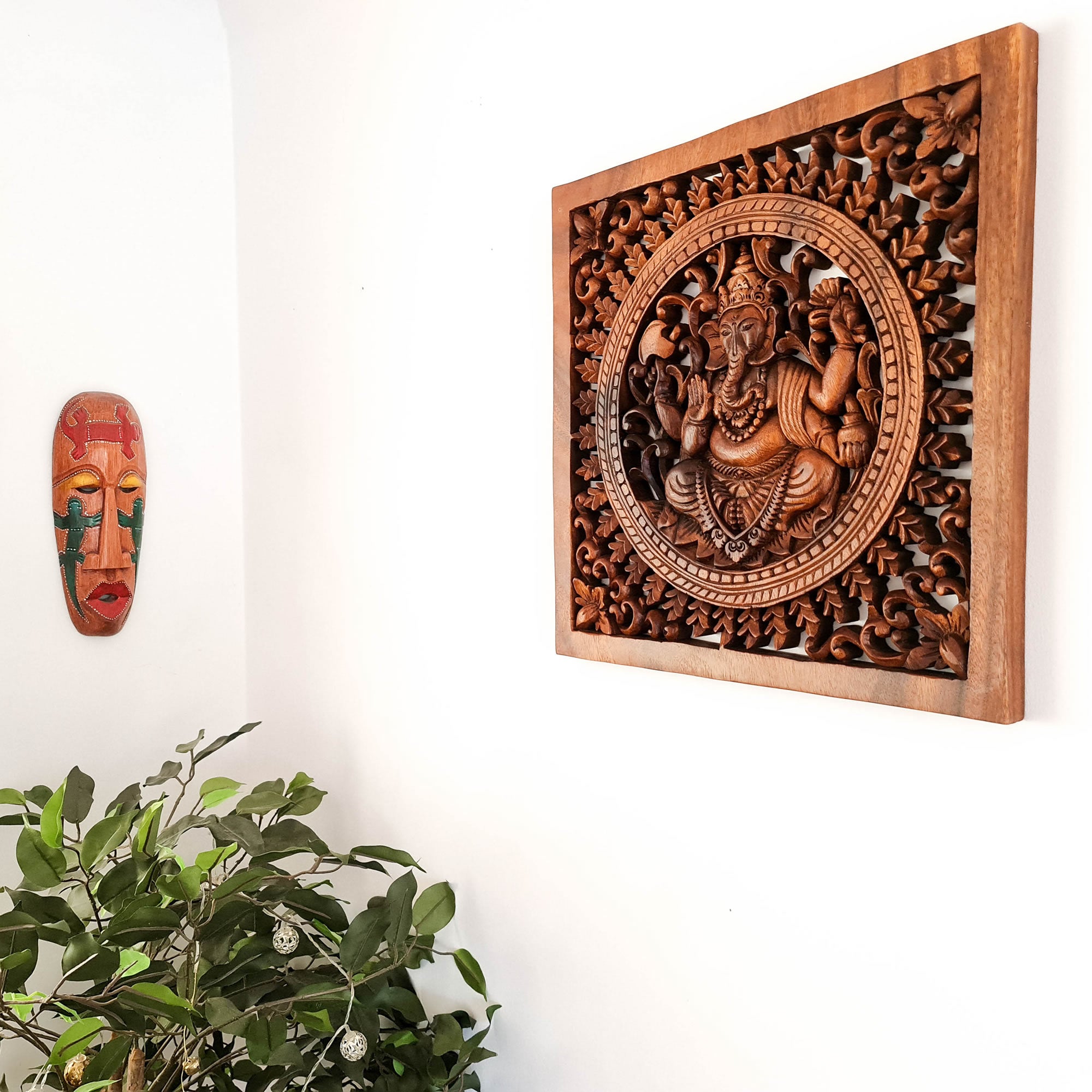 Divine Ganesha Hindu Indian God Wood Hand Carved Panel Art Sculpture -Temple Mandir Ganesh