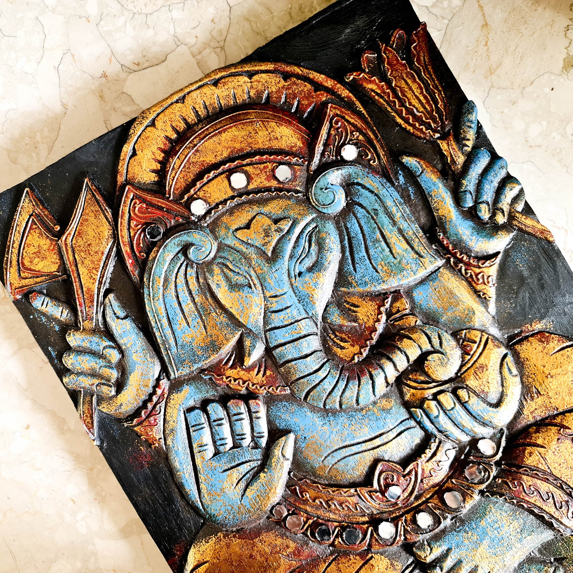 Hand Carved Painted Golden Ganesh Hindu God Mandir Wood Art Sculpture