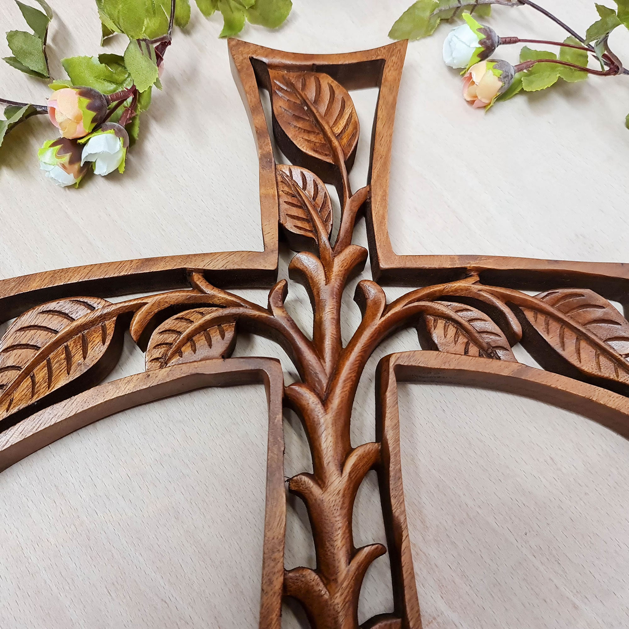 Christian Prayer Cross Tree of Life Carved Wooden Decorative Panel Sculpture Art