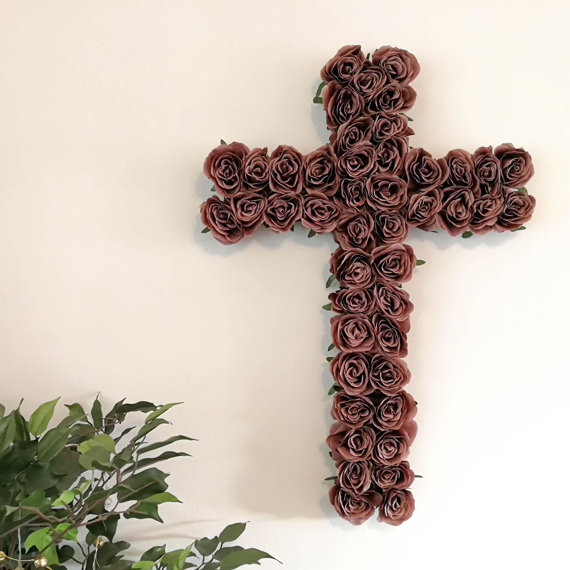 Decorative Christian Cross Wall Hanging - Jesus Religious Bohemian Style Silk Rose Flowers Church Cross