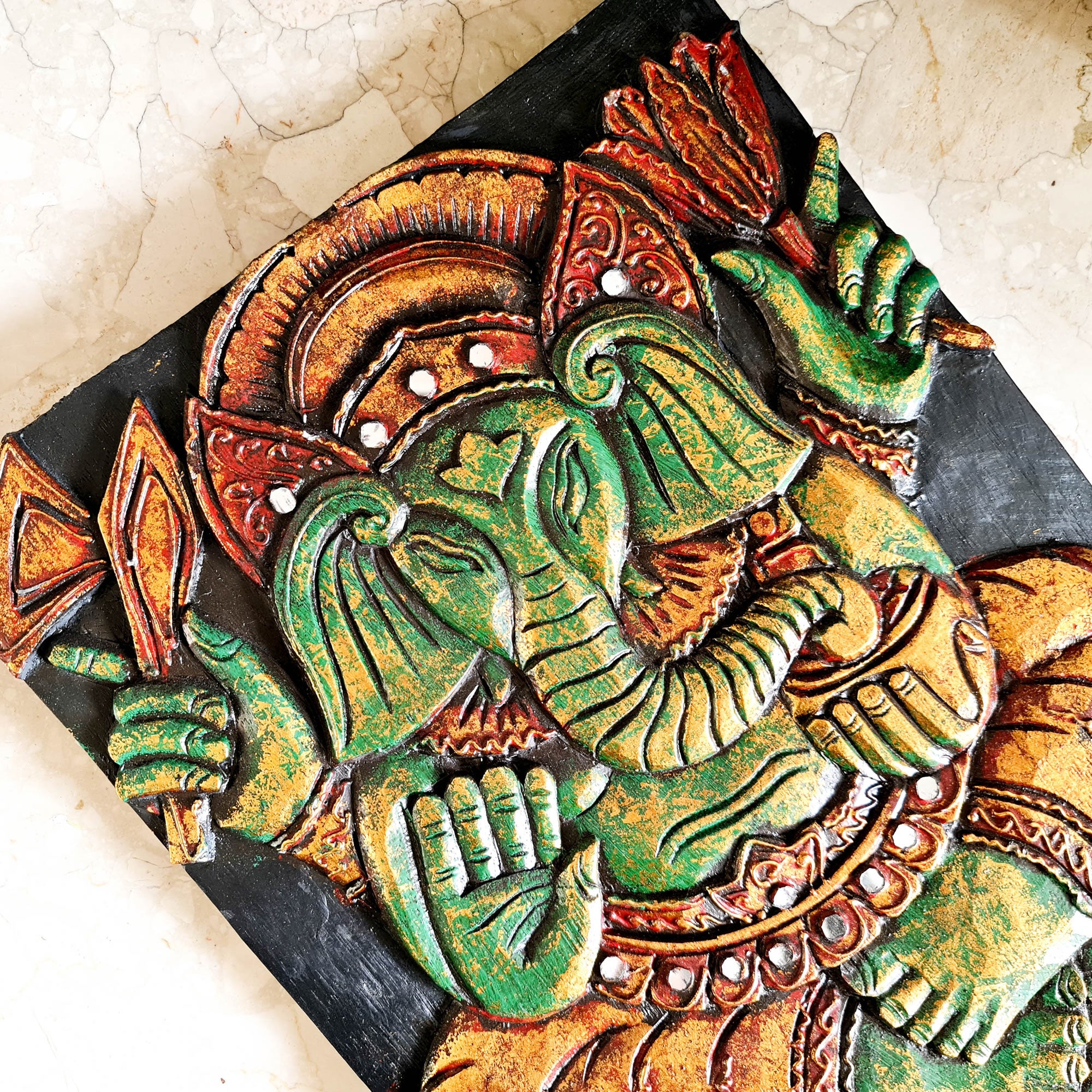 Hand Carved Painted Golden Ganesh Hindu God Mandir Wood Art Sculpture