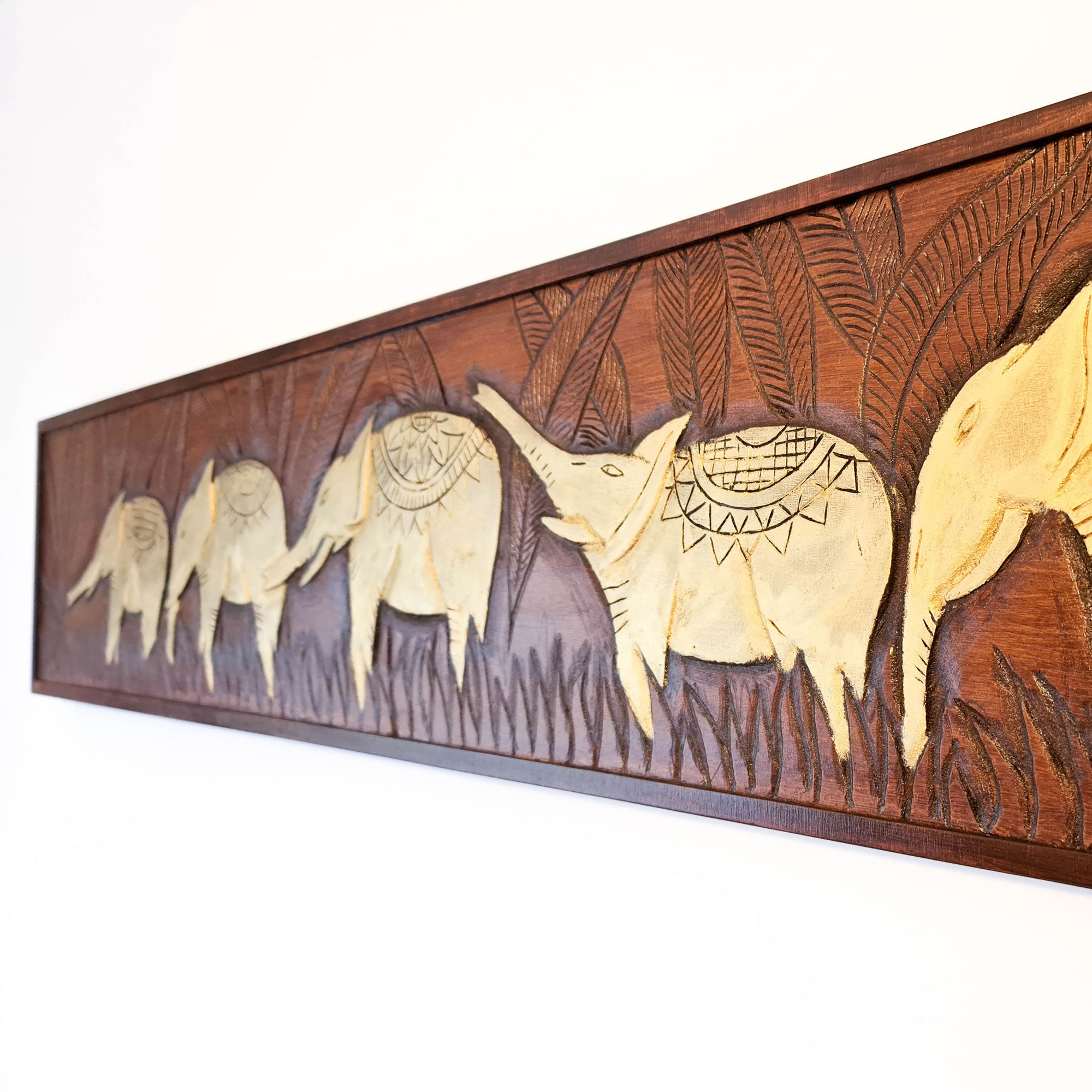 Golden African Jungle Elephants. Hand carved wooden wall art. A perfect headboard art