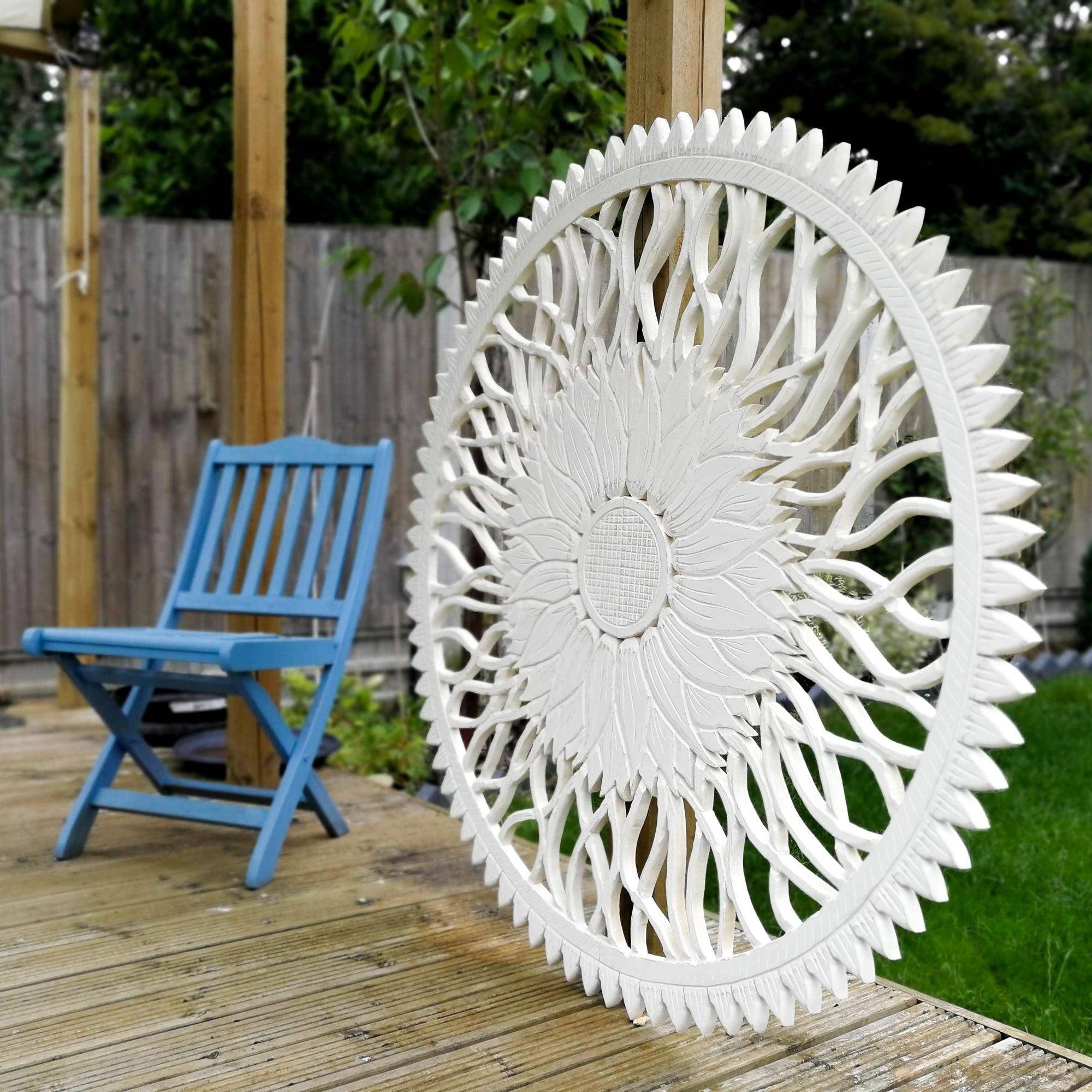 Large Decorative Sunflower Nature Eco Panel Headboard Sculpture 48" inches Round Distressed Shabby Chic White