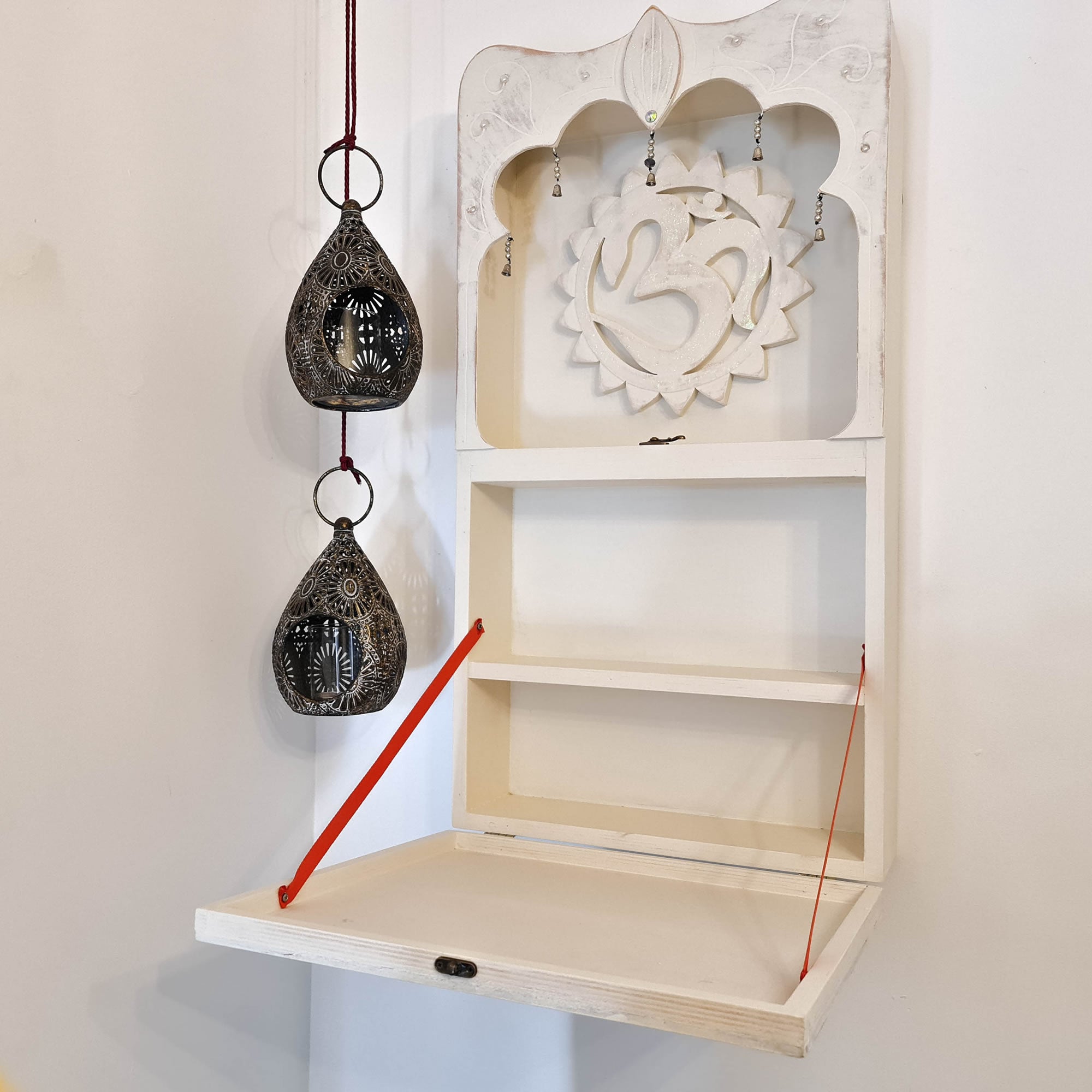 Hindu Mandir Pooja Prayer Temple Hand Made Wood Home Cabinet Distressed White Shabby Chic Wall Mounted Easternada