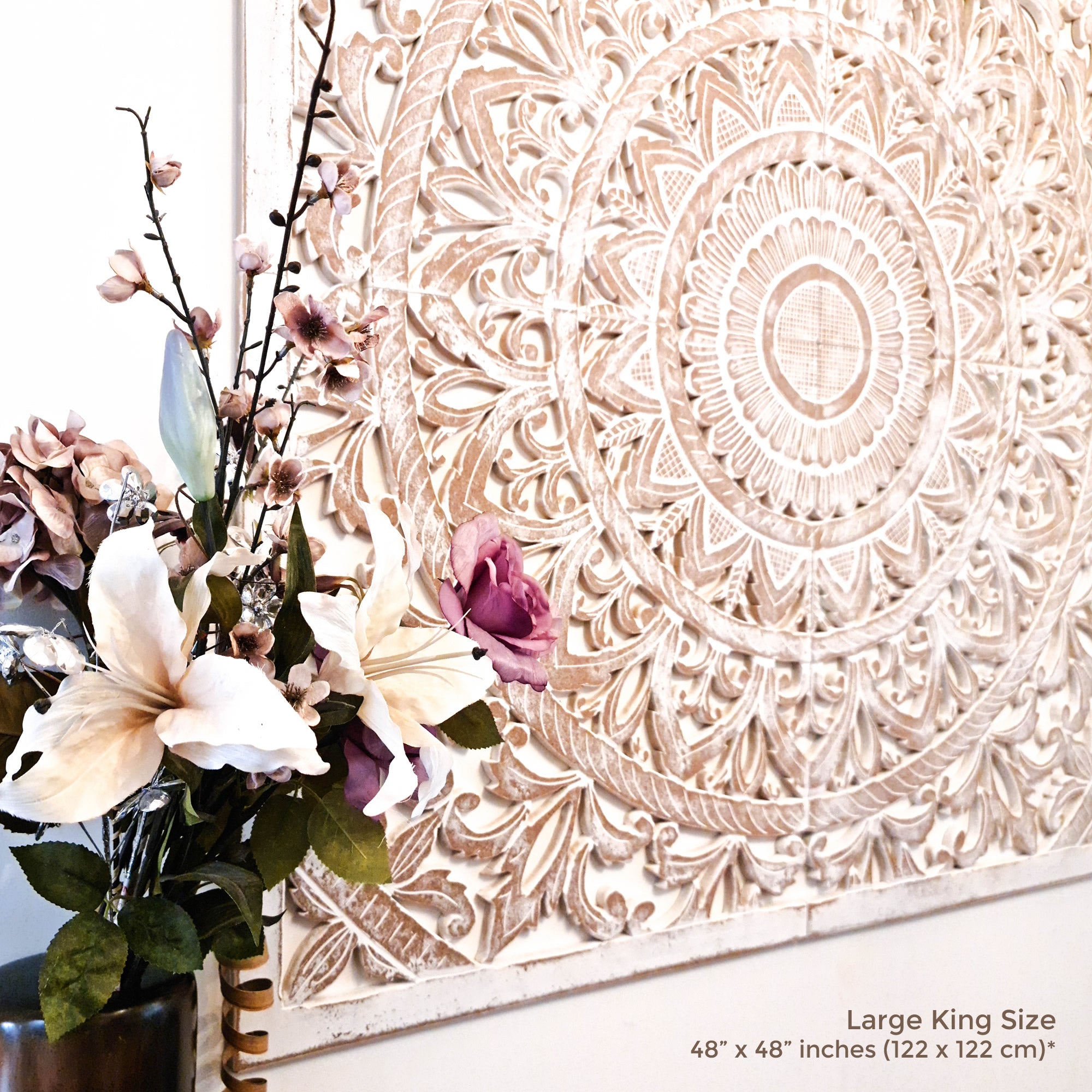 Hand Carved Wooden Wall Art - Headboard Decorative Large King Mandala Distressed White Bohemian Boho Style Shabby Chic. We can also custom carve to your specifications.