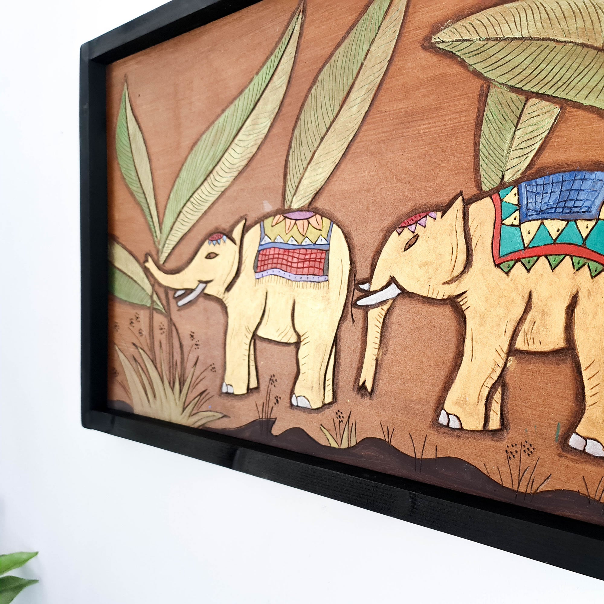 Golden Jungle African Elephants - Hand Carved Wooden Wall Art