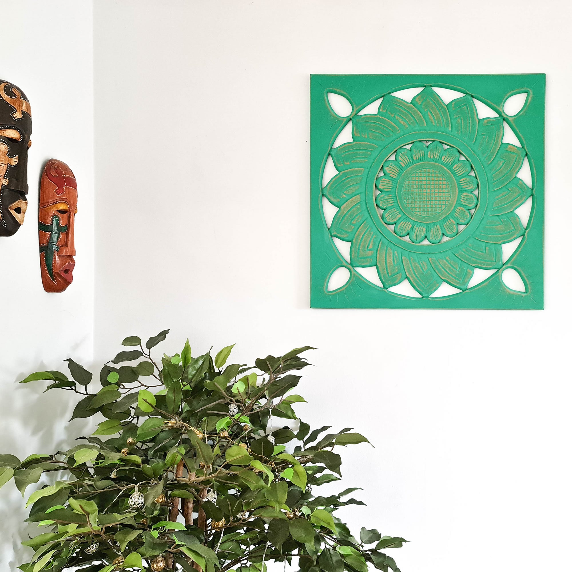 Hand Carved Wooden Wall Art - Square Decorative Mandala Turquoise