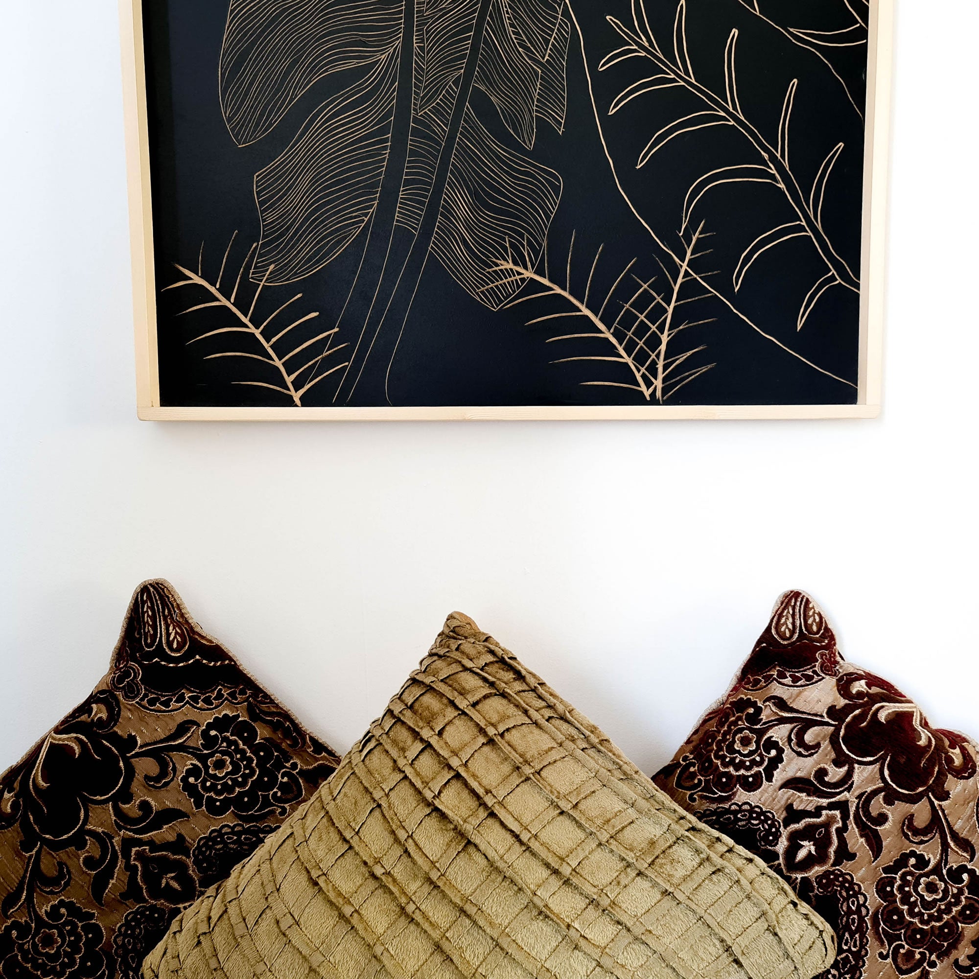 Art mural décoratif en bois sculpté à la main Feuilles sauvages Noir Grand