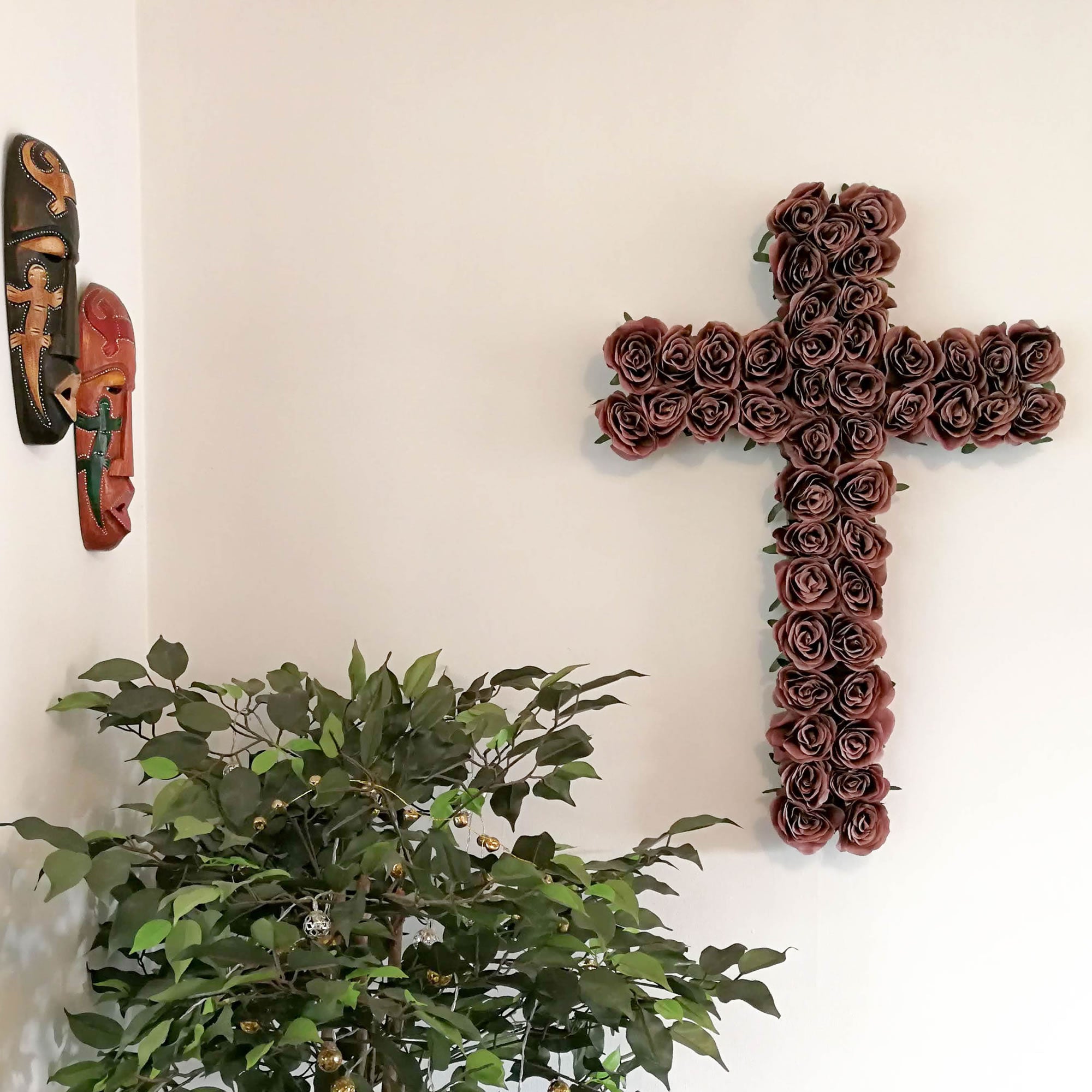 Decorative Christian Cross Wall Hanging - Jesus Religious Bohemian Style Silk Rose Flowers Church Cross