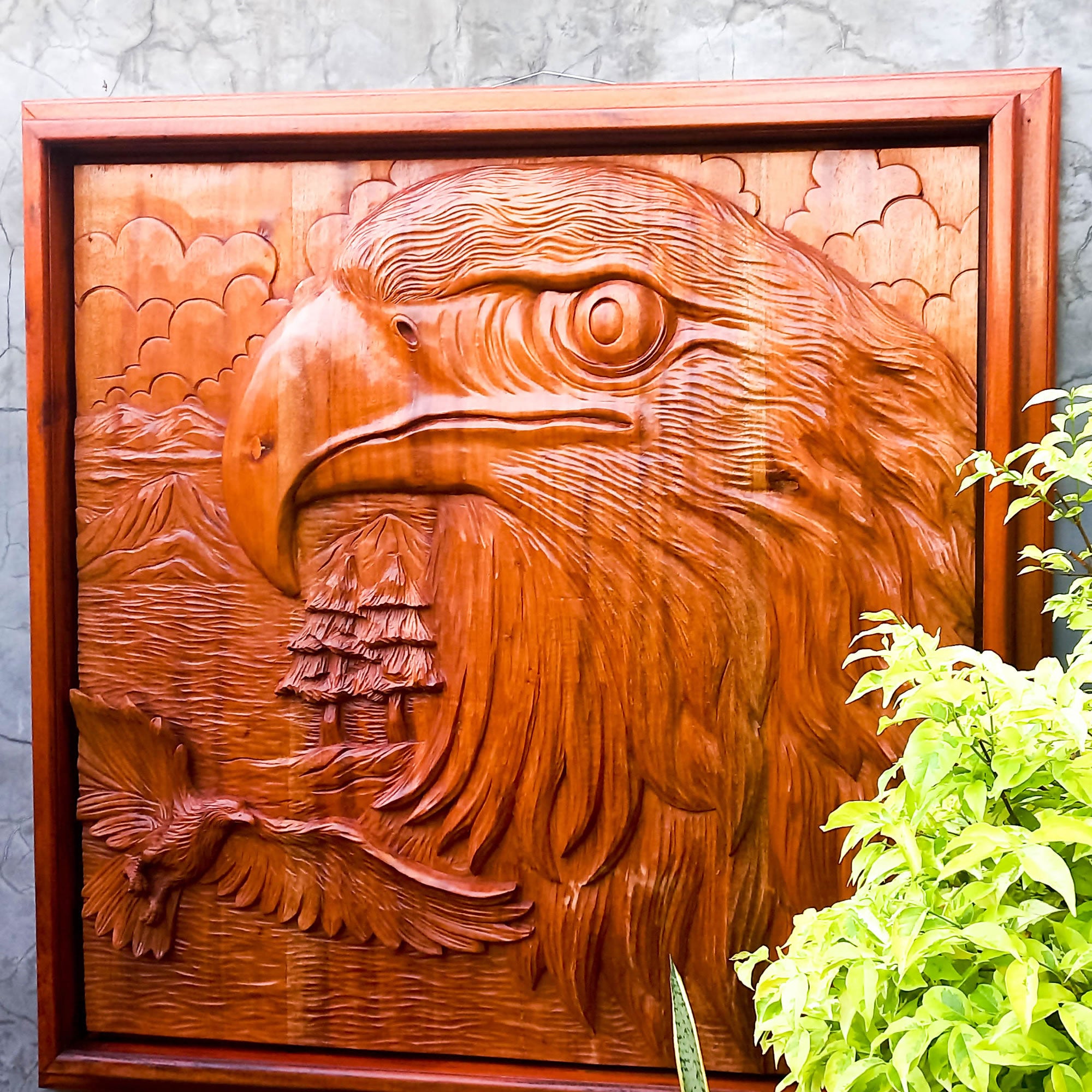 Hand Carved American Bald Eagle Bird Decorative Teakwood Sculpture Wall Art
