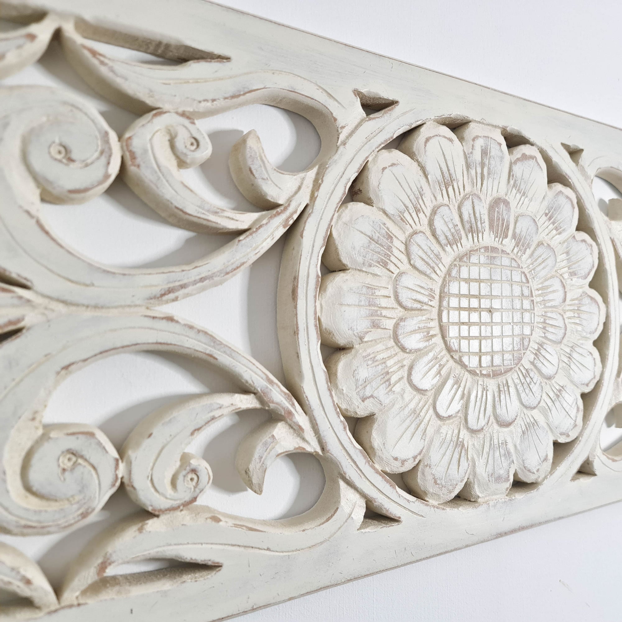 Hand Carved Wooden Wall Art - Distressed White Decorative Mandala Yoga Panel