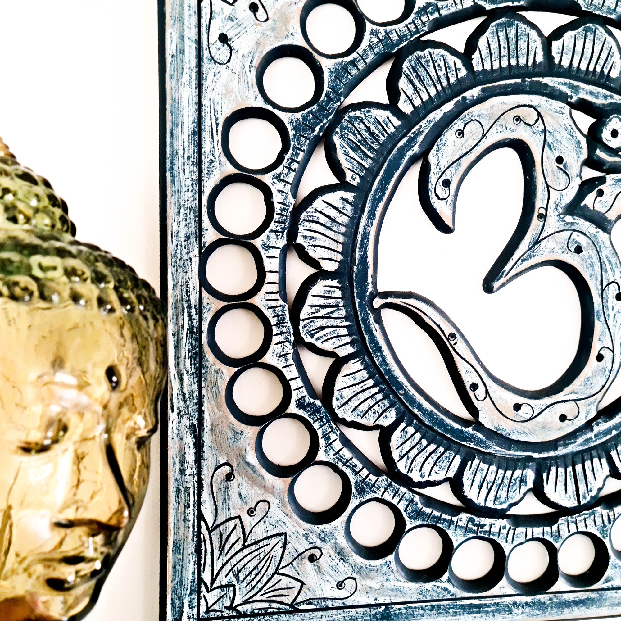 Handmade Carved Wooden Decorative Wall Art Hanging Buddha OM Mantra Distressed Rustic Indigo Blue