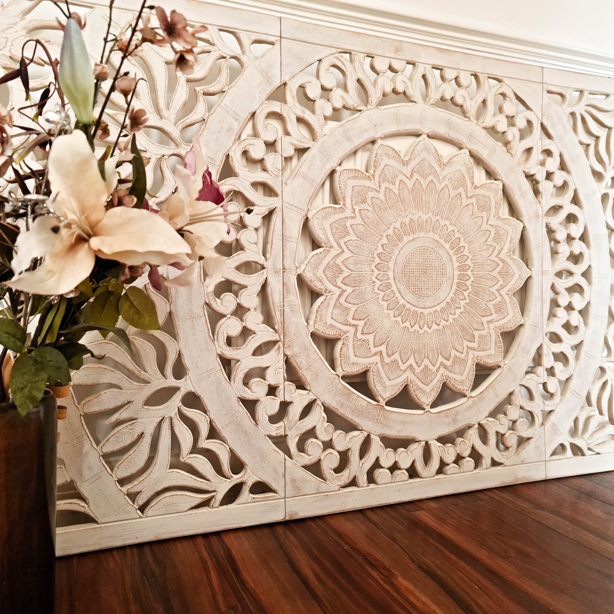 Hand Carved Wooden Wall Art - Headboard Decorative Large King Mandala Distressed White Bohemian Boho Style Sgabby Chic
