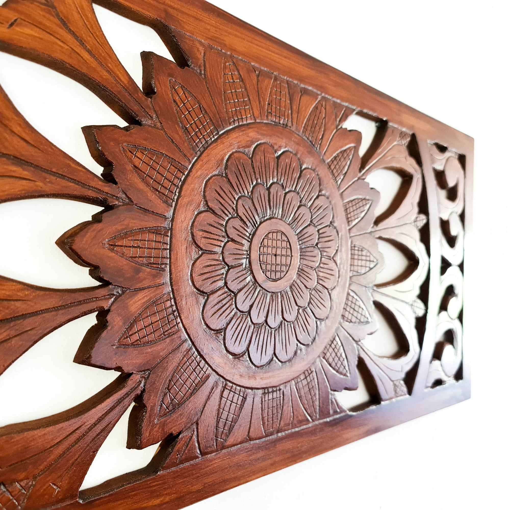 Hand Carved Wooden Wall Art - Decorative Mandala Yoga Walnut Panel