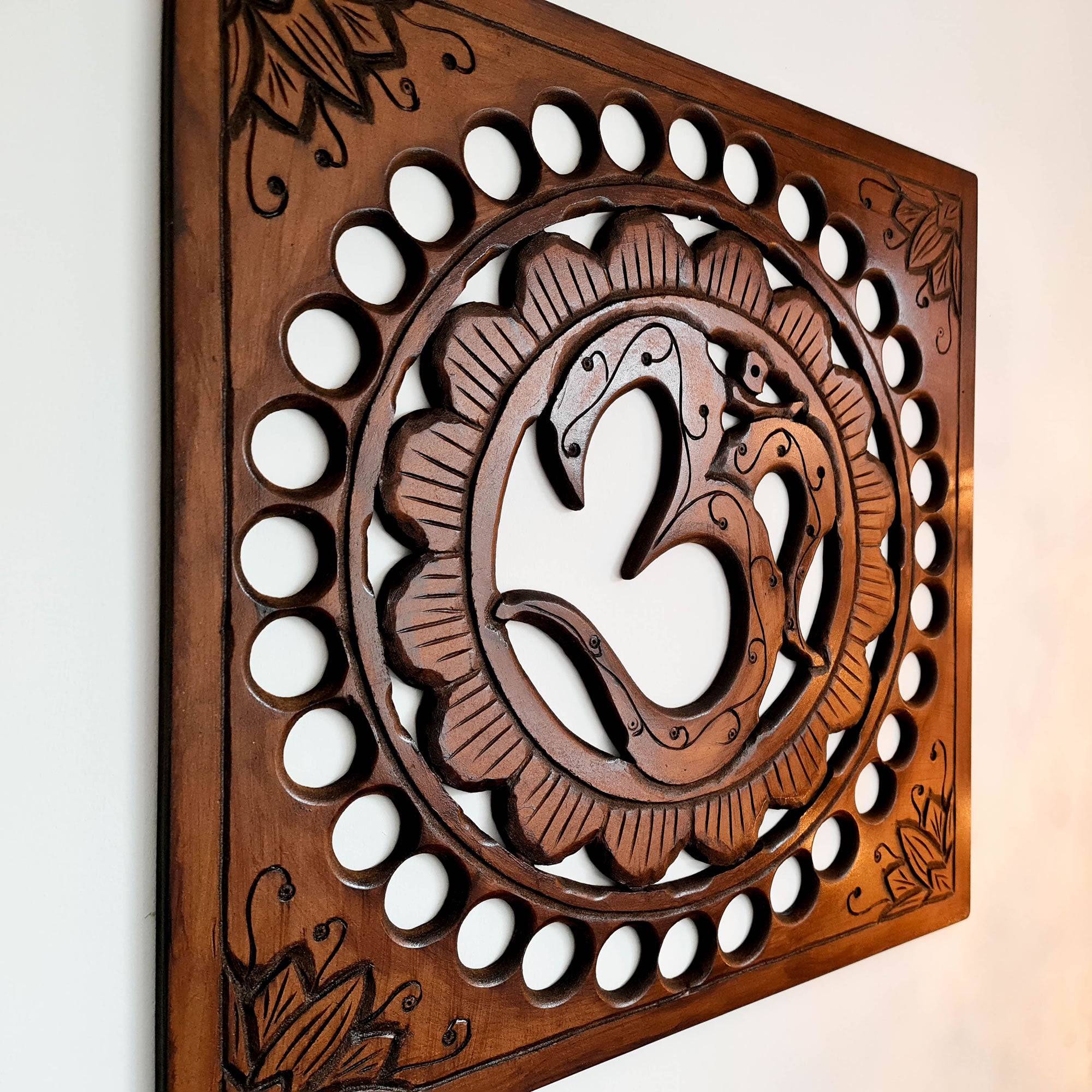 Handmade Carved Wooden Decorative Wall Art OM Mantra Mandir Meditation - Easternada