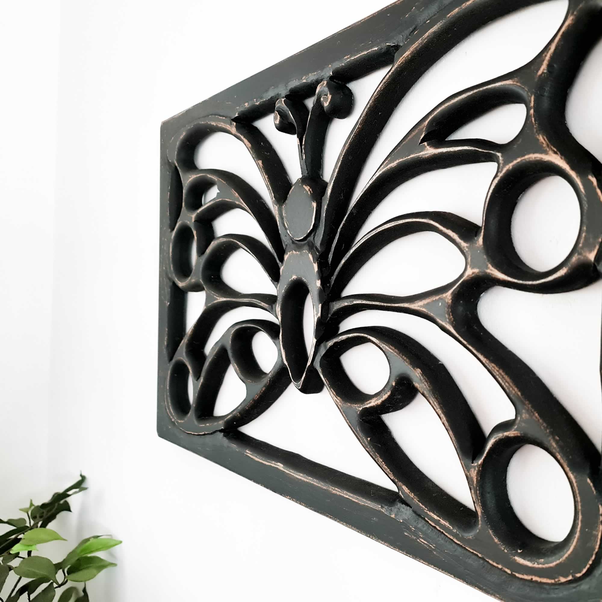 Antique Black Butterfly - Handmade Distressed Carved Wooden Wall Art Deco