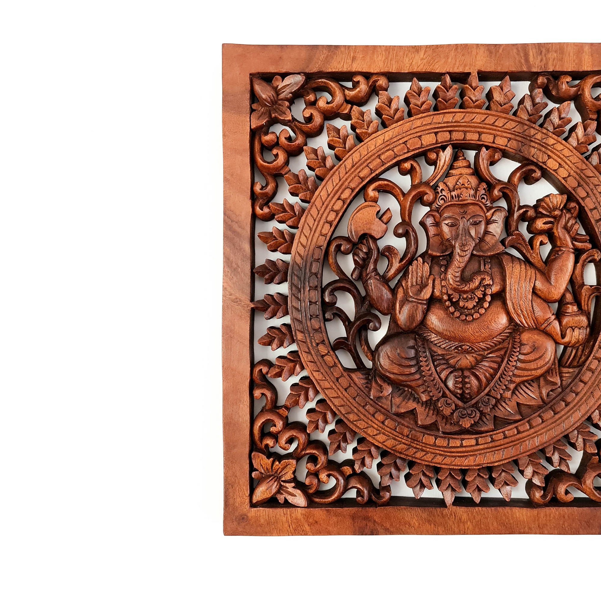 Divine Ganesha Hindu Indian God Wood Hand Carved Panel Art Sculpture -Temple Mandir Ganesh