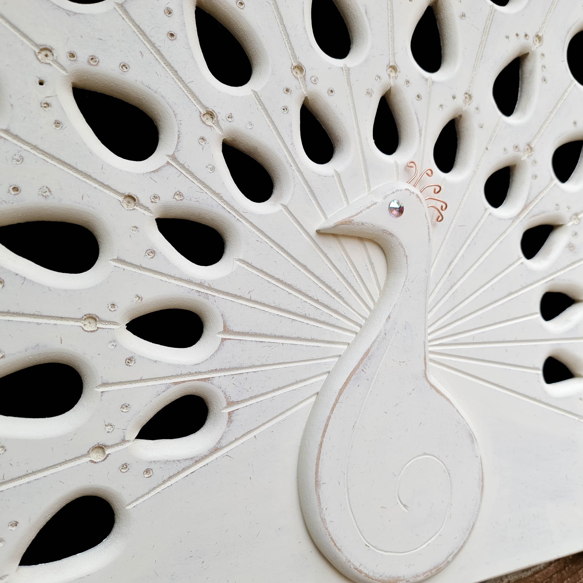 Peacock Hand Carved Wooden Decorative Sculpture Wall Art Distressed White Headboard Shabby Chic