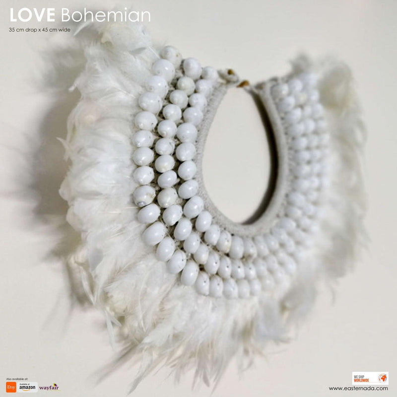 Boho Bohemian Style Feather Sea Shells Handmade Decorative Costume Macrame Style Large Necklace Juju - Easternada