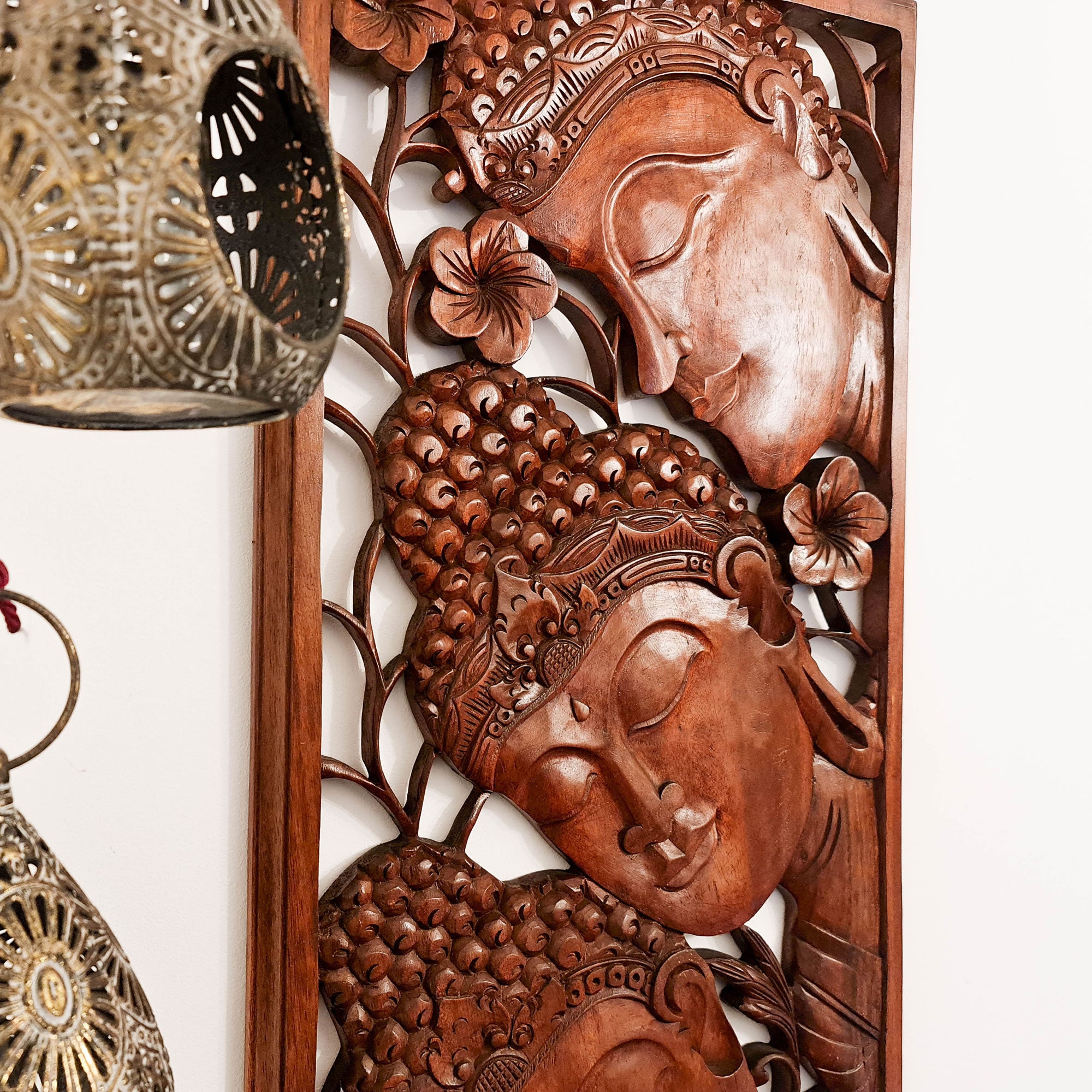 Three Buddha Peace Meditation Yoga Teak Wood Wall Art Long - Easternada