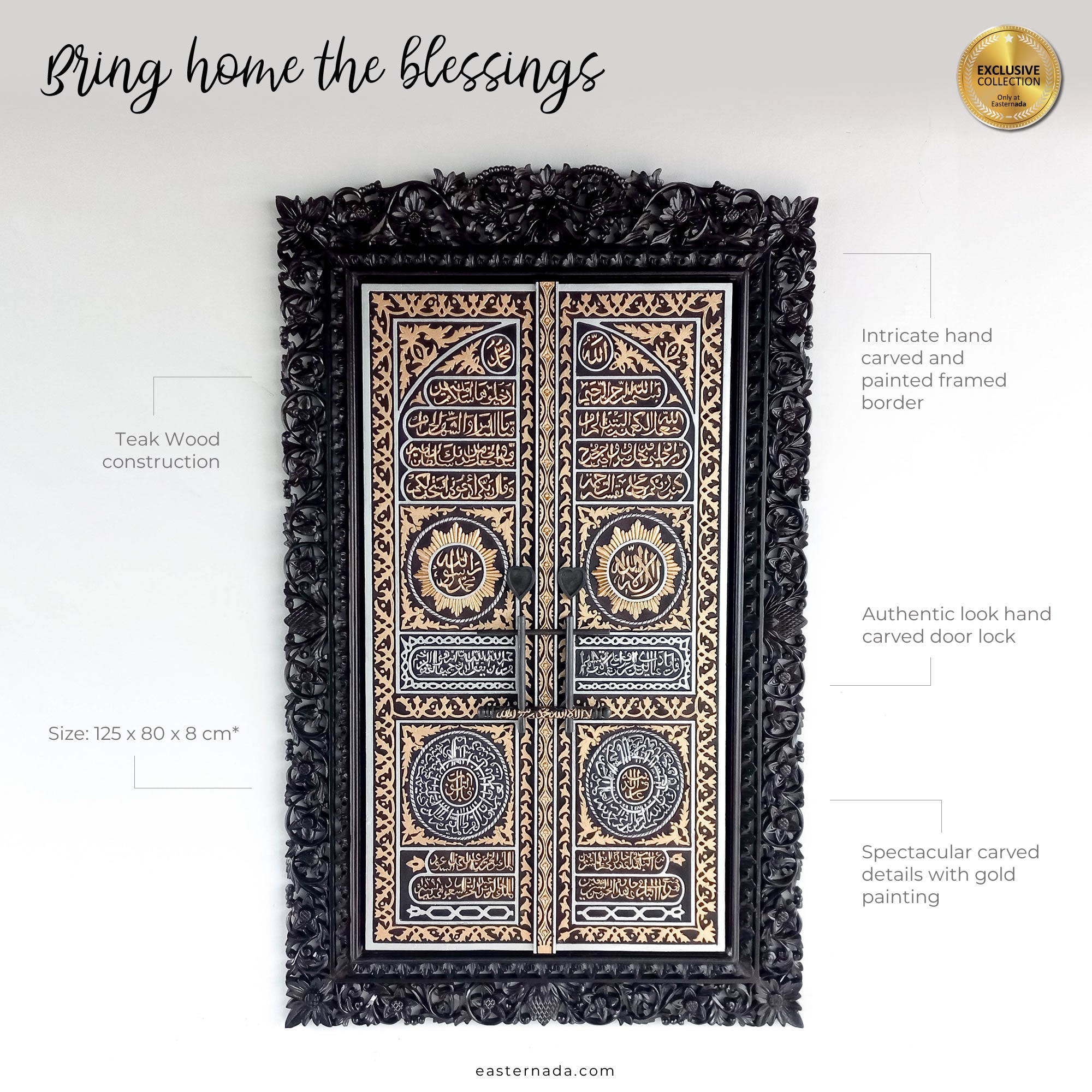 Hand Carved Teak Wood Decorative Wall Art Sculpture - Islamic Muslim Kaaba Allah Mecca Door Simply Awesome. This is a stunning Carved Wooden Wall Art handmade with some eye catching results. This hand carved masterpiece is simply stunning, with intricate detailed carved frame to carved gold painted calligraphy