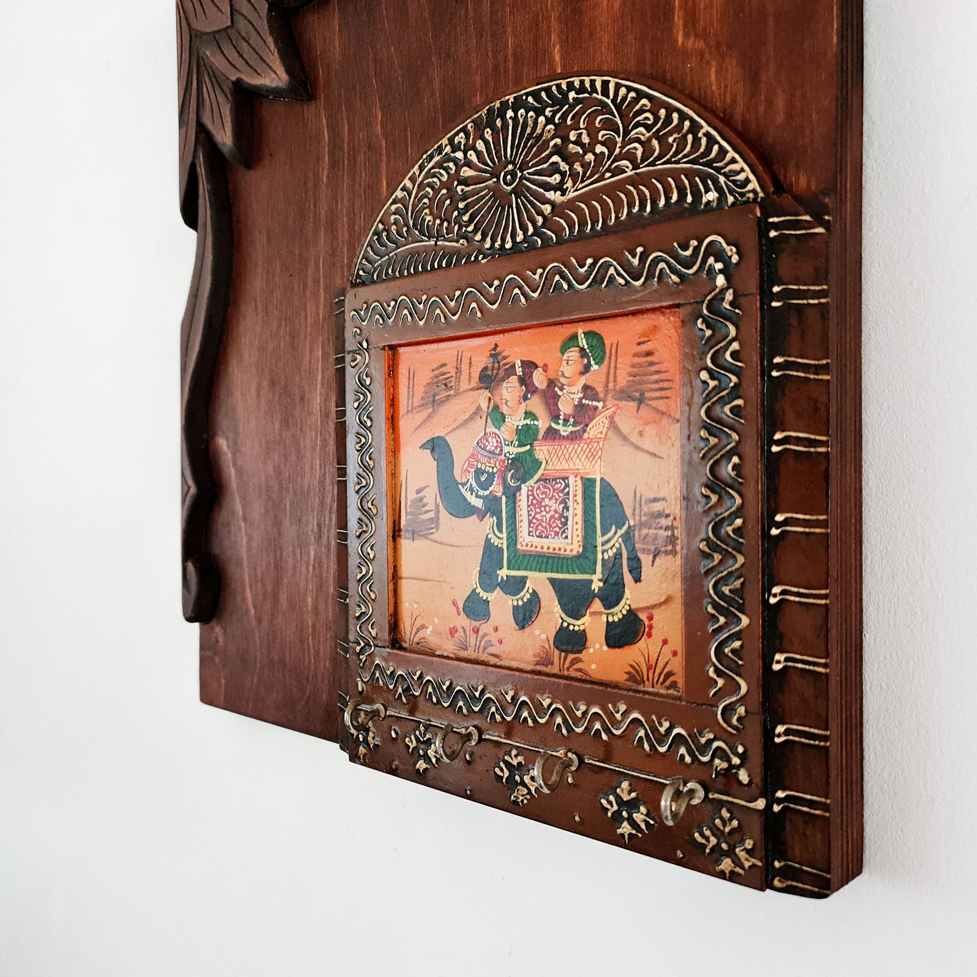Handmade Hand-painted Carved Wood Wall Art Decorative Hanging Key Holder Hooks Storage