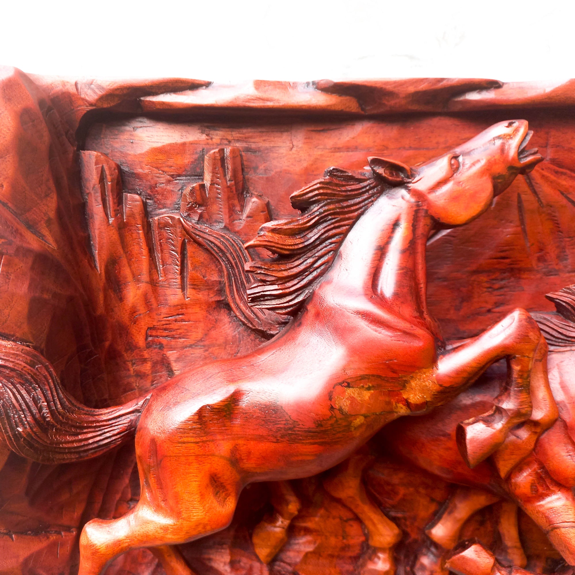 Hand Carved Teak Wood Wild Running Horses Decorative Sculpture Wall Art